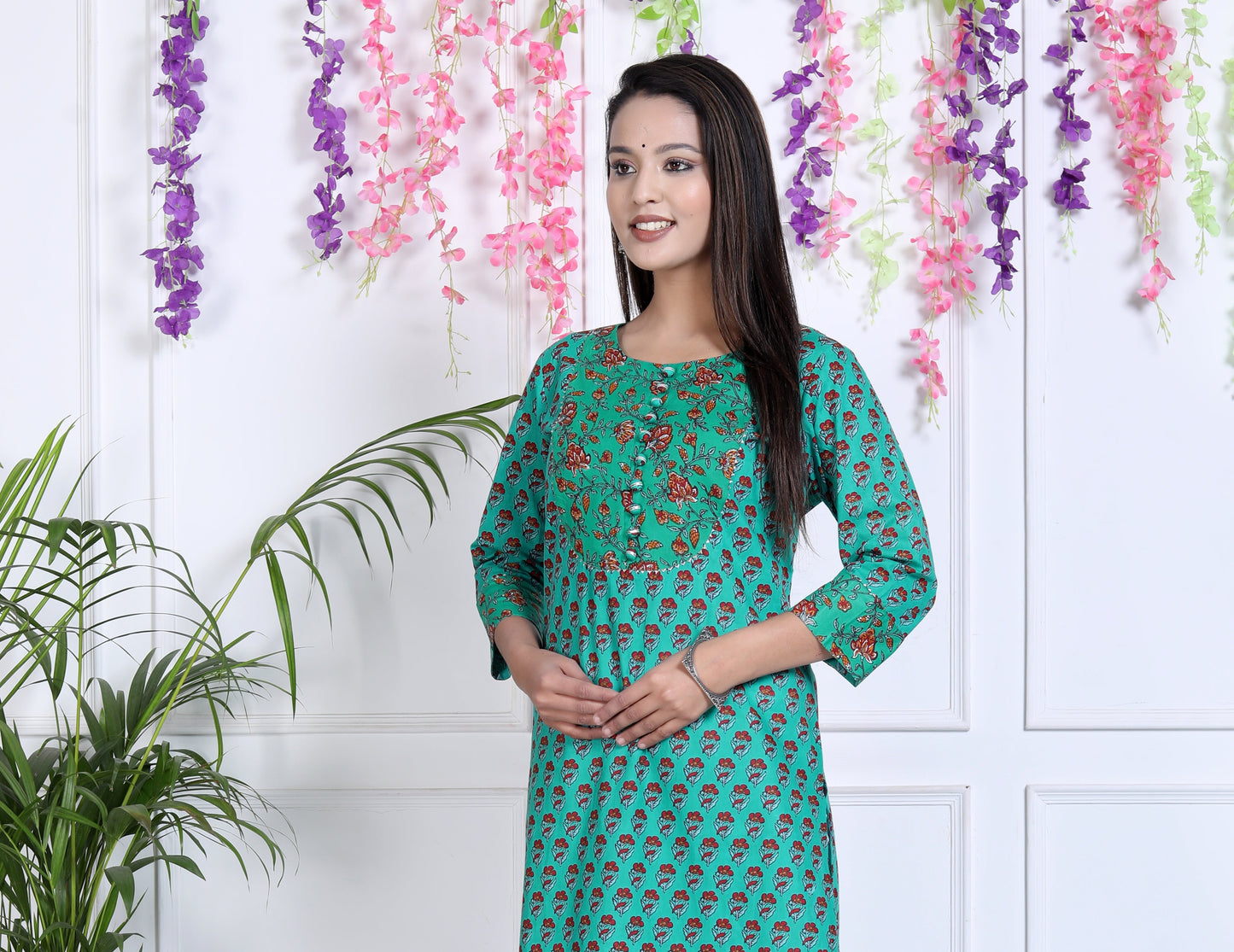 Turquoise Cotton Printed Straight Kurta-641