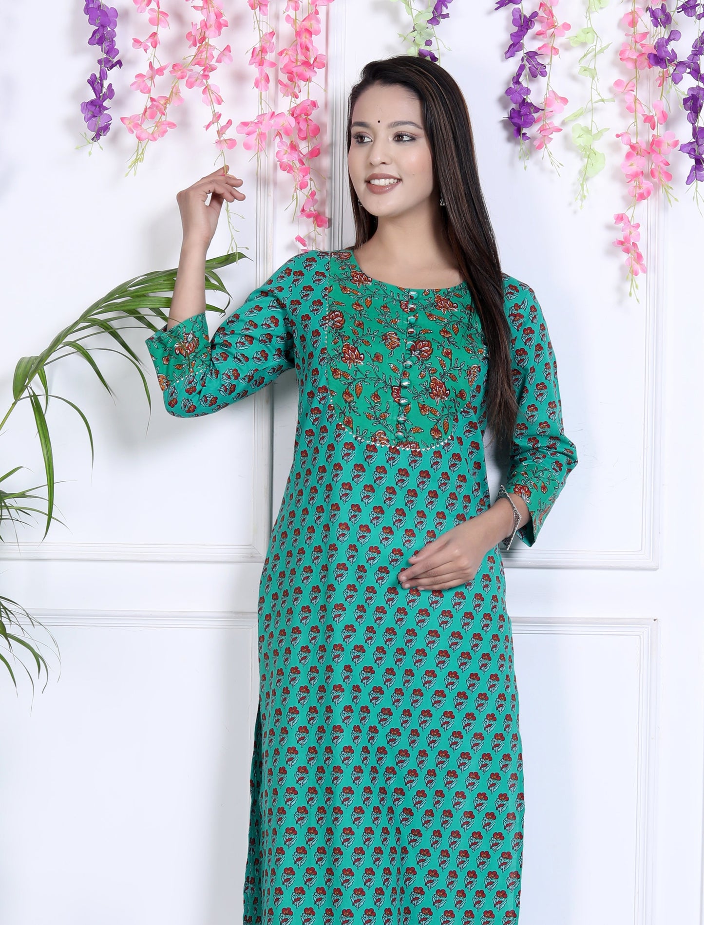Turquoise Cotton Printed Straight Kurta-641