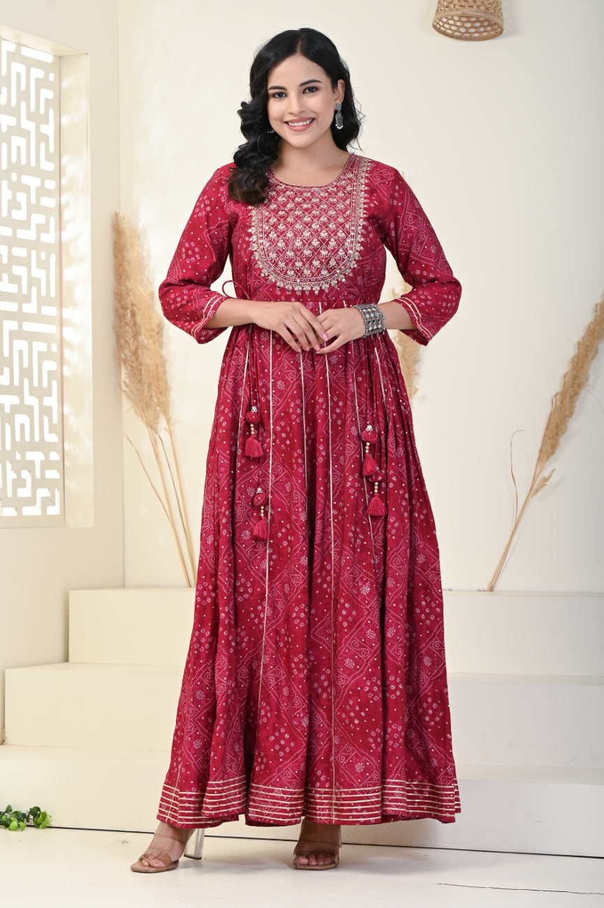 Red Floral Print Flared Long Kurta Anarkali-1100001