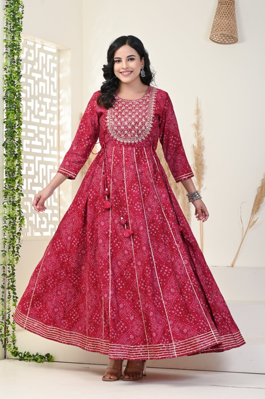 Red Floral Print Flared Long Kurta Anarkali-1100001