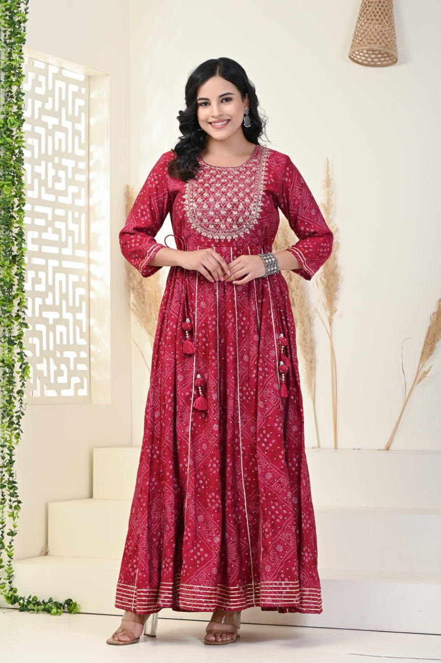 Red Floral Print Flared Long Kurta Anarkali-1100001