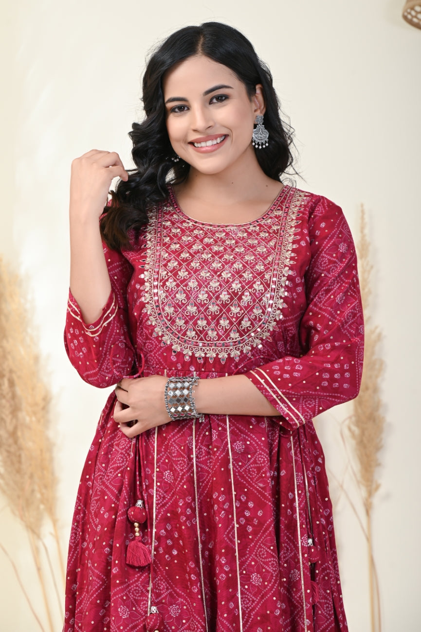 Red Floral Print Flared Long Kurta Anarkali-1100001