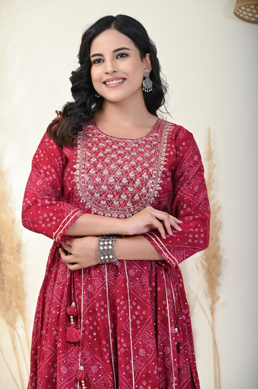 Red Floral Print Flared Long Kurta Anarkali-1100001