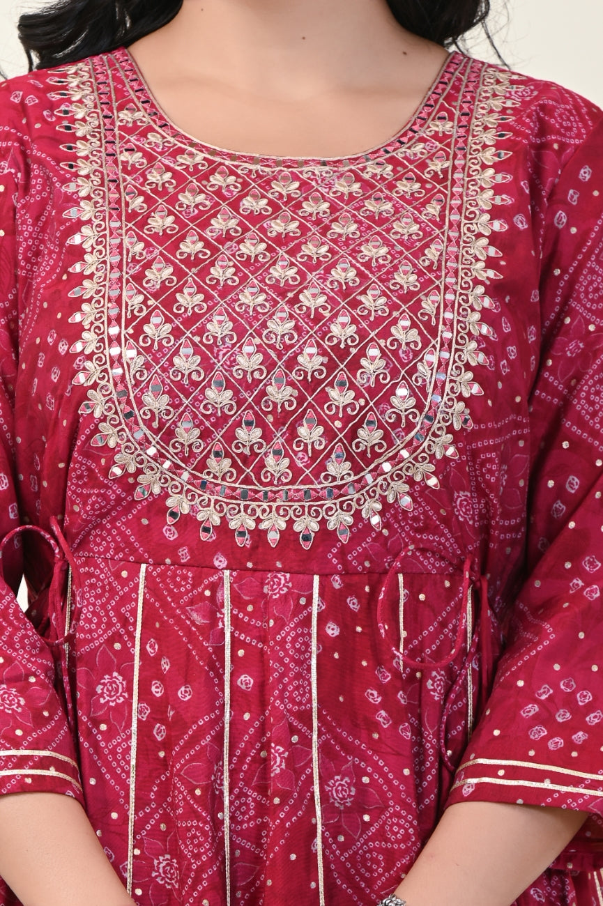 Red Floral Print Flared Long Kurta Anarkali-1100001