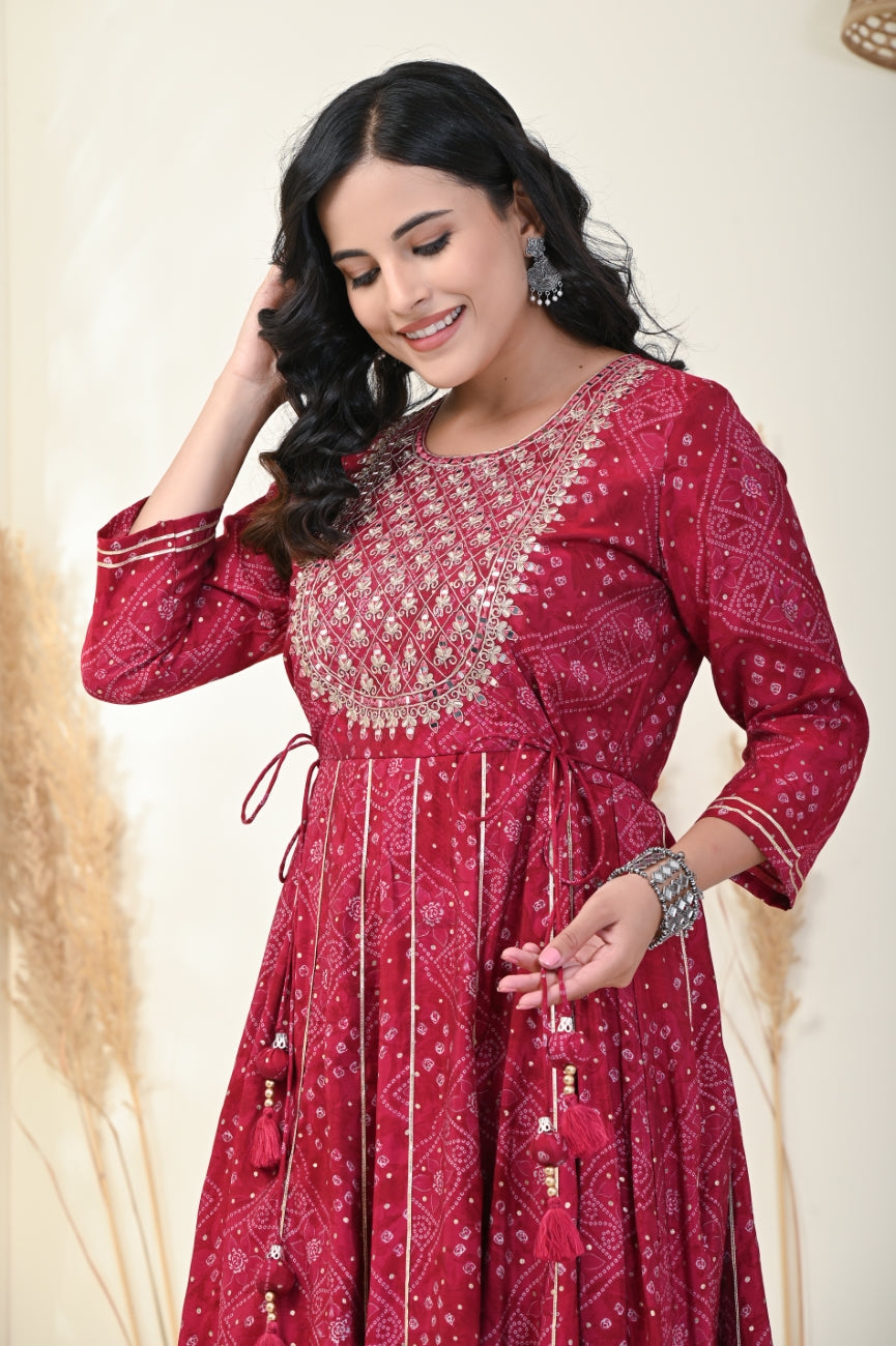 Red Floral Print Flared Long Kurta Anarkali-1100001