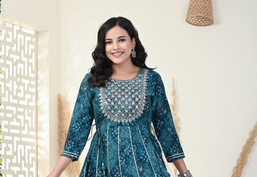 Rama Green Bandhej Print Flared Long Kurta Anarkali-1100001