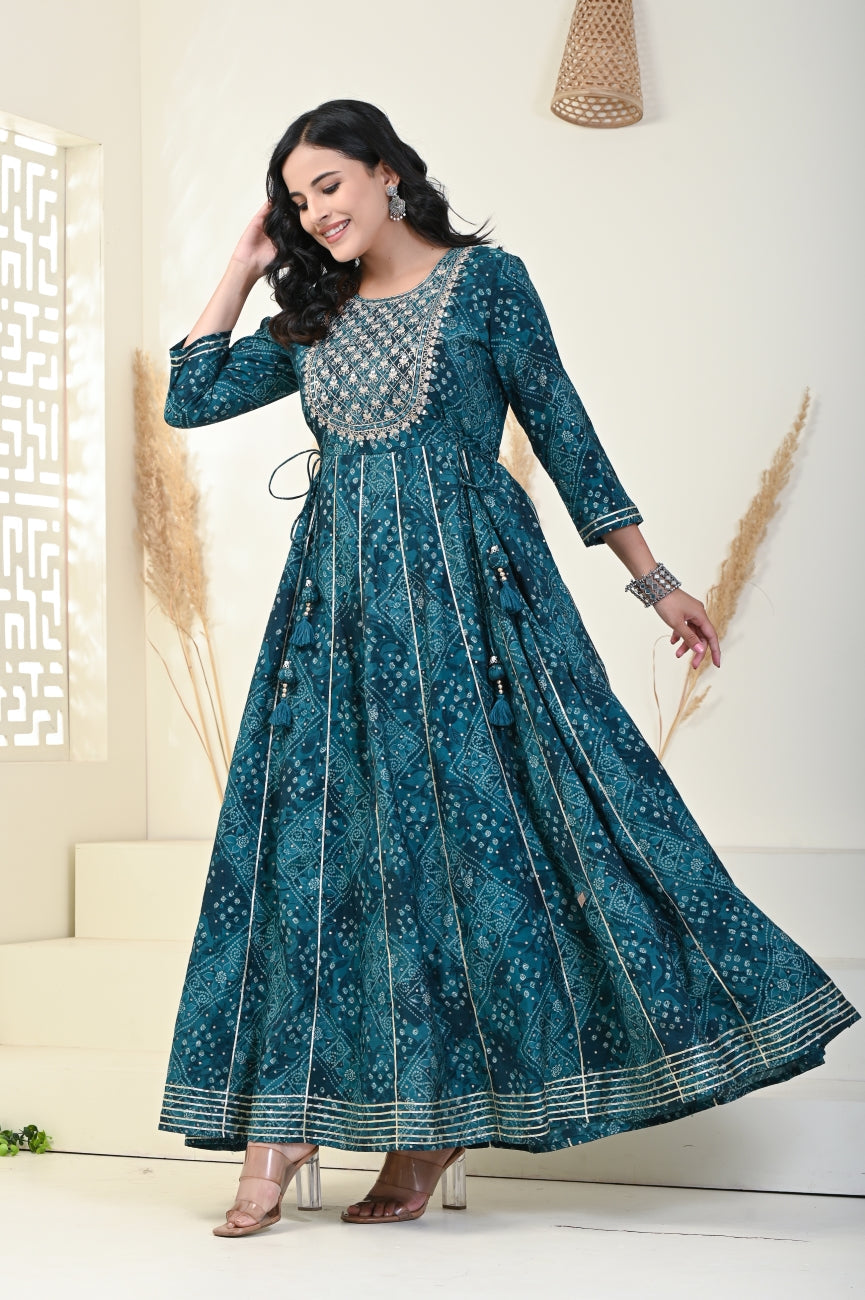 Rama Green Bandhej Print Flared Long Kurta Anarkali-1100001