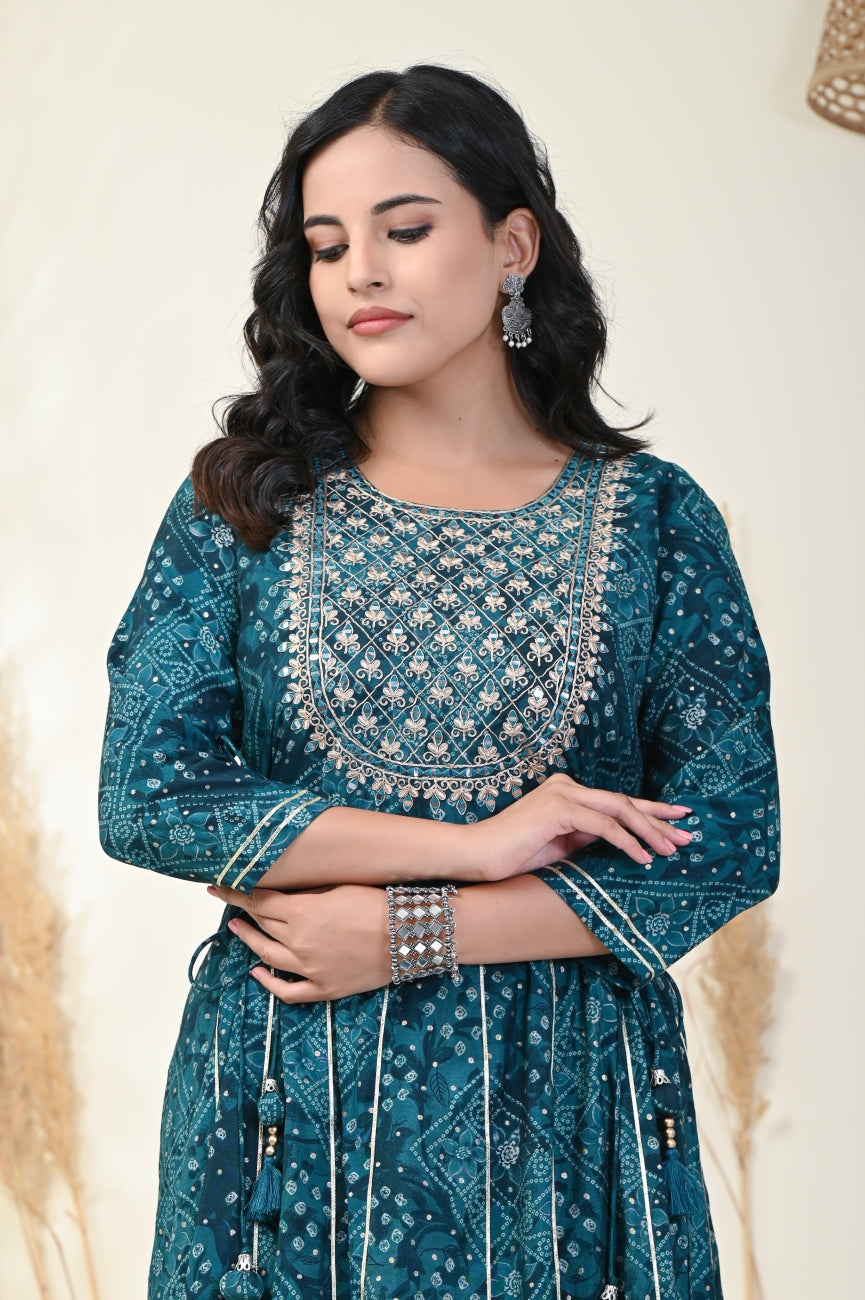 Rama Green Bandhej Print Flared Long Kurta Anarkali-1100001