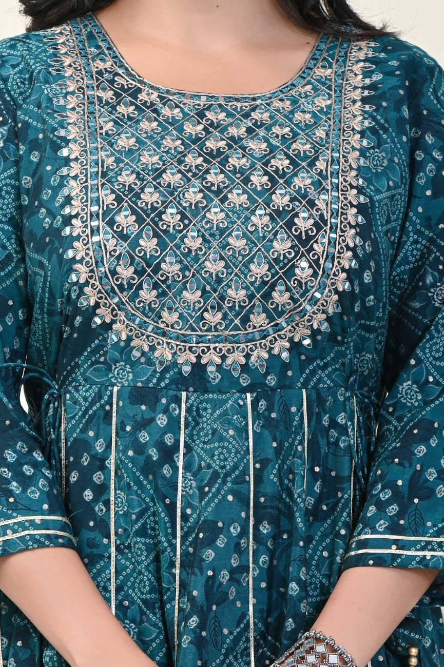 Rama Green Bandhej Print Flared Long Kurta Anarkali-1100001