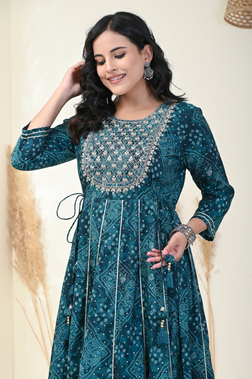 Rama Green Bandhej Print Flared Long Kurta Anarkali-1100001