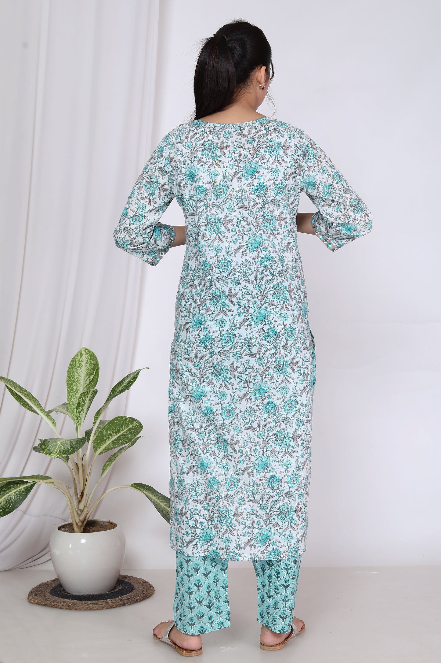 Sky Blue Cotton Printed Kurta Pant Set with Dupatta-720