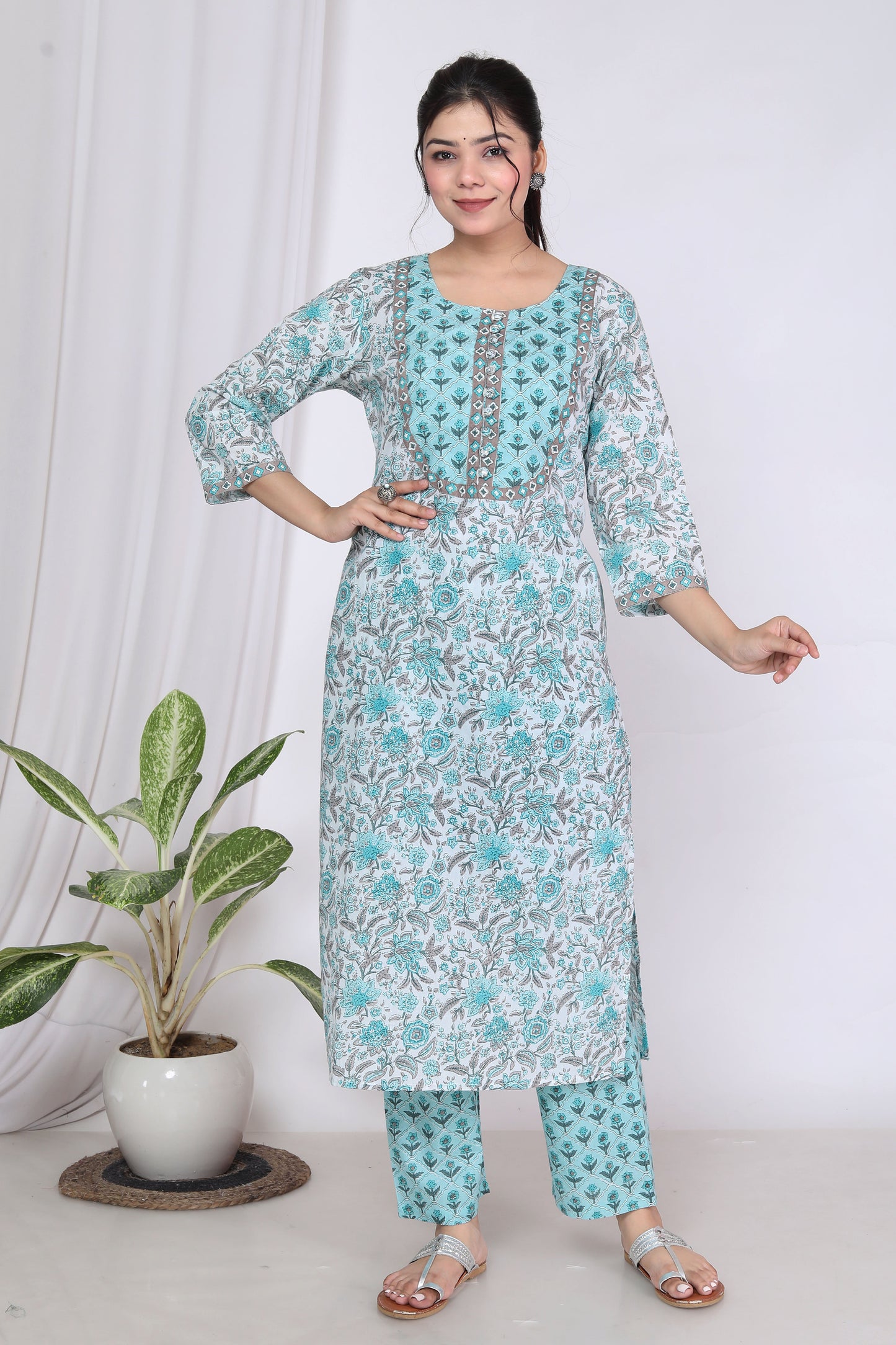 Sky Blue Cotton Printed Kurta Pant Set with Dupatta-720