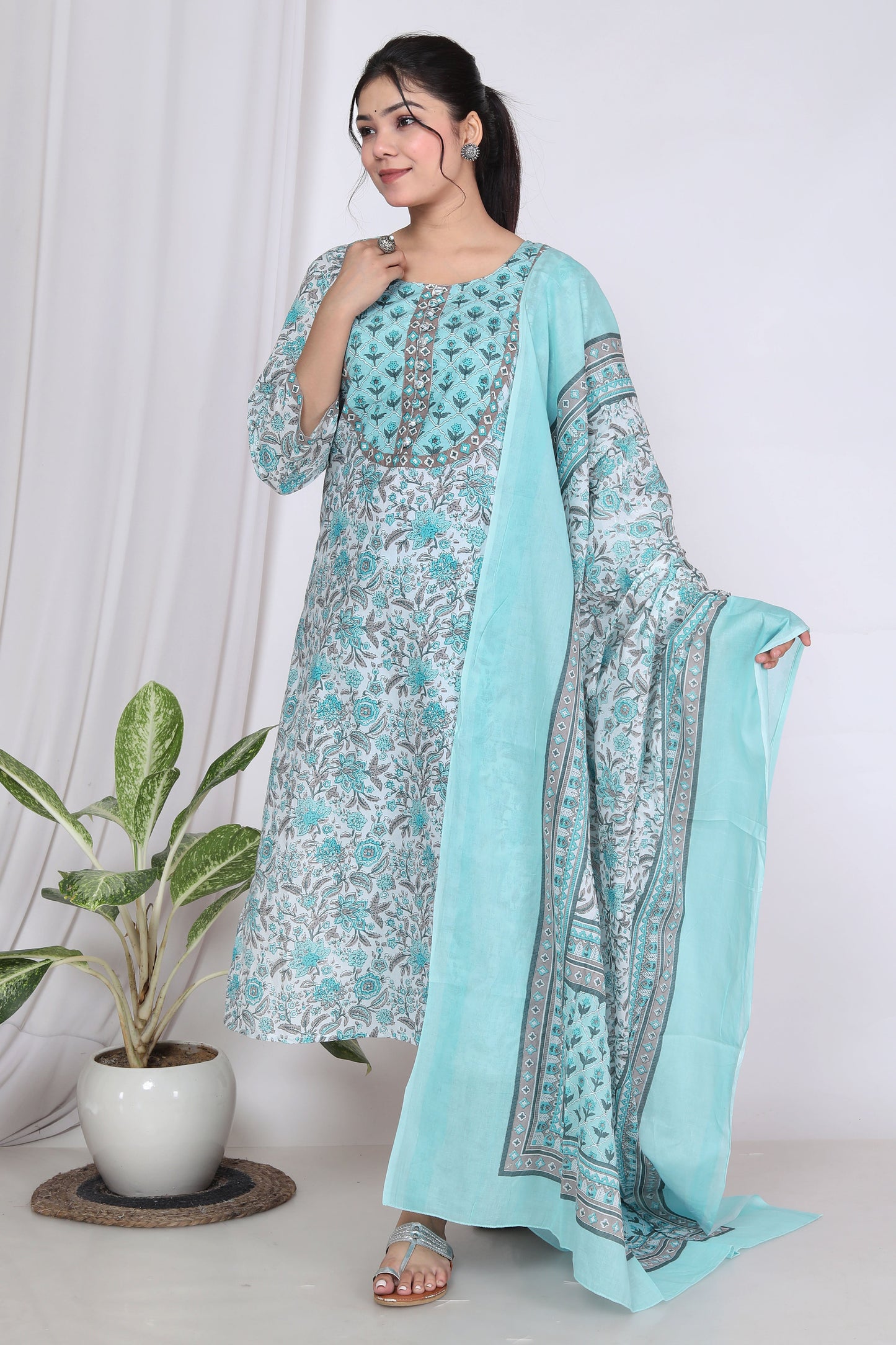 Sky Blue Cotton Printed Kurta Pant Set with Dupatta-720