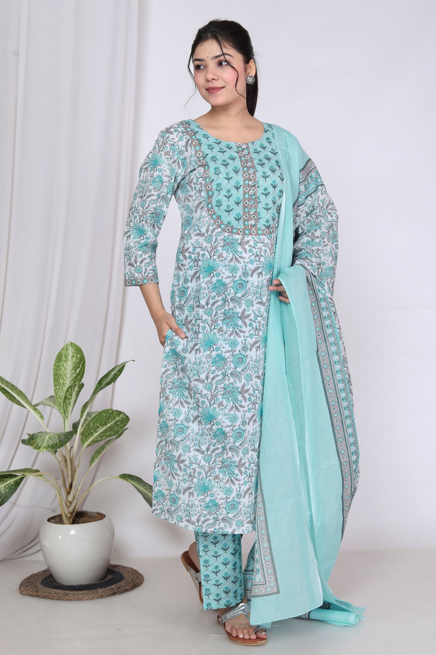 Sky Blue Cotton Printed Kurta Pant Set with Dupatta-720