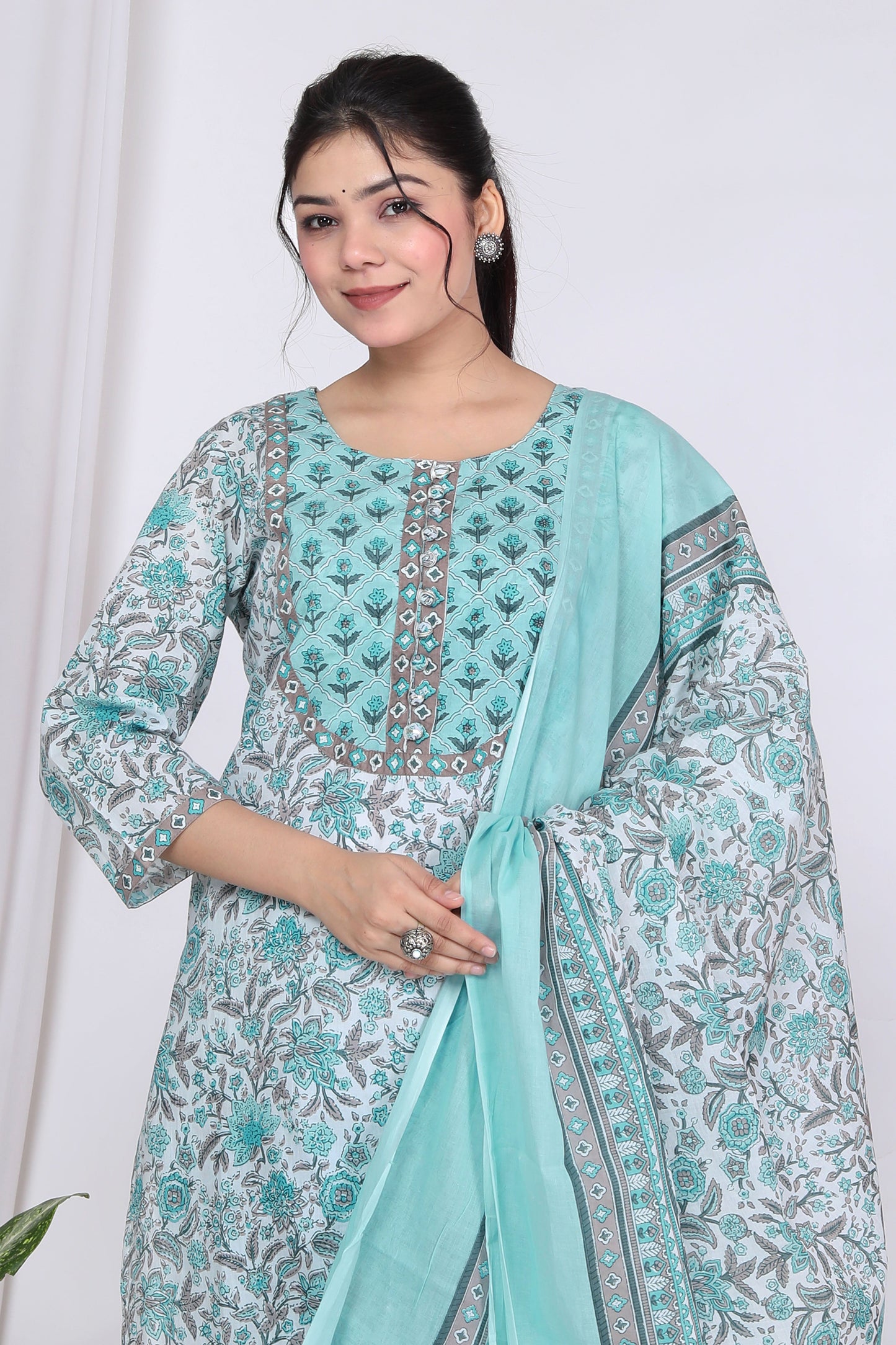 Sky Blue Cotton Printed Kurta Pant Set with Dupatta-720