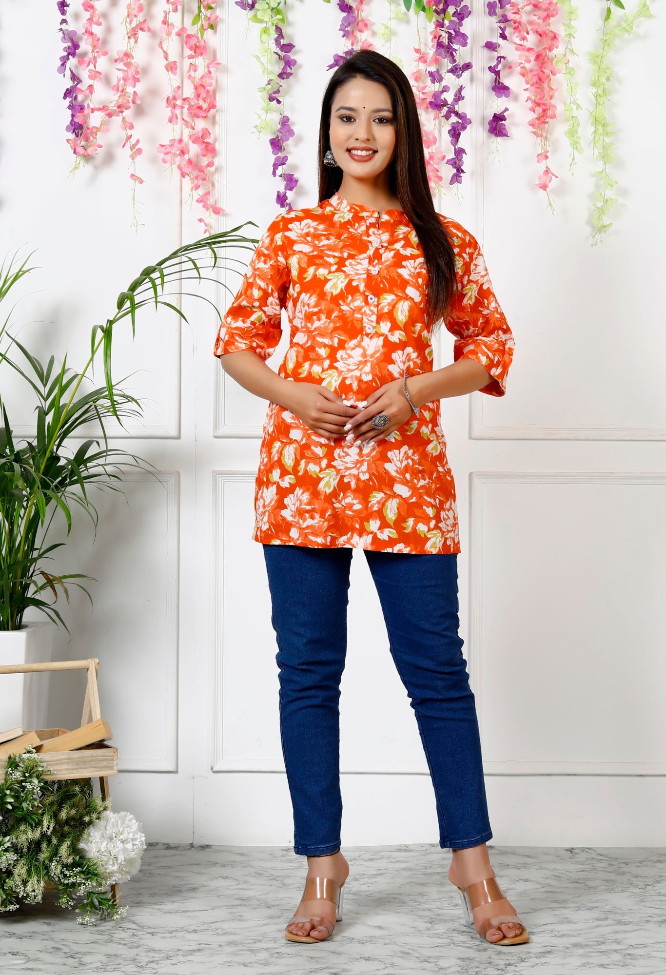 Orange Cotton Blend Floral Print Short Kurta-300005