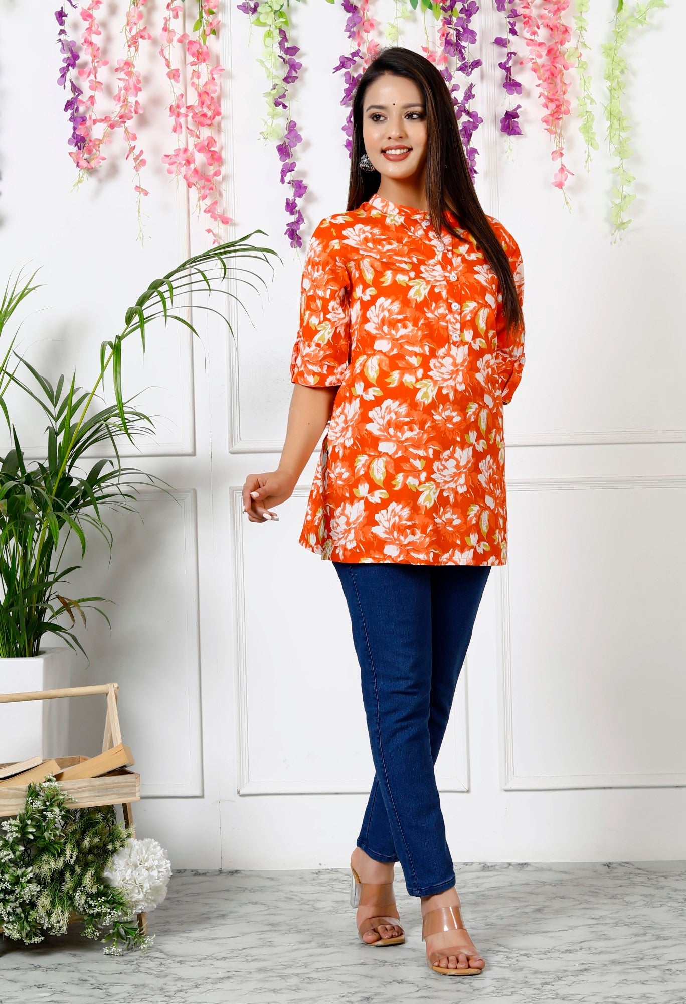 Orange Cotton Blend Floral Print Short Kurta-300005