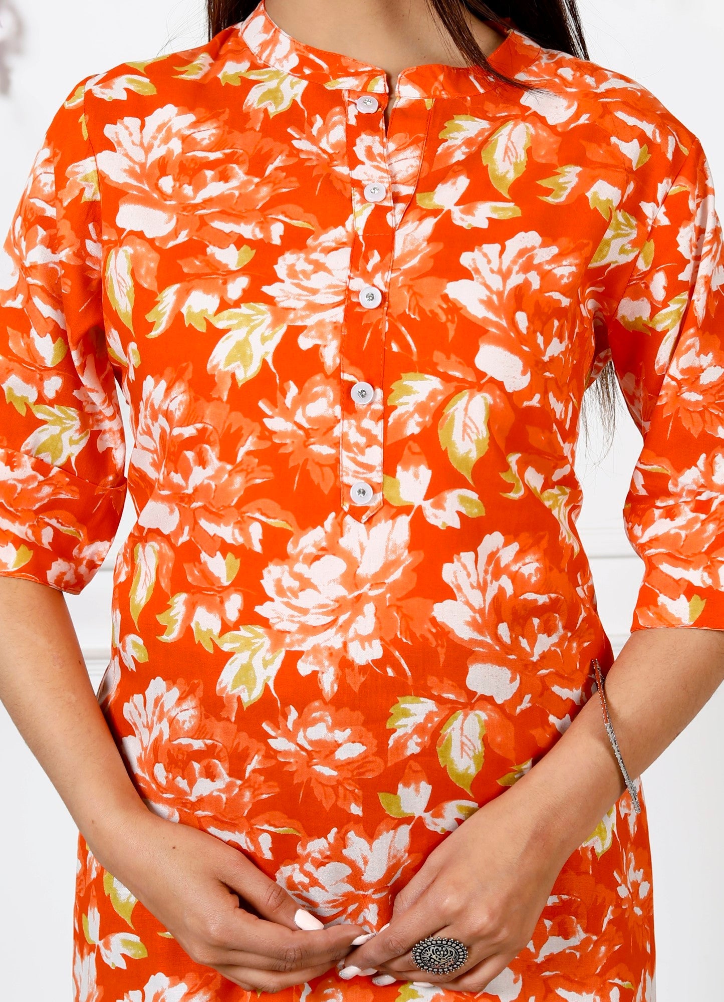 Orange Cotton Blend Floral Print Short Kurta-300005