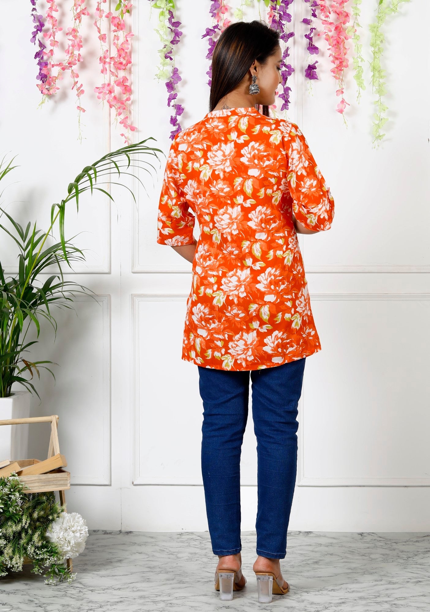 Orange Cotton Blend Floral Print Short Kurta-300005