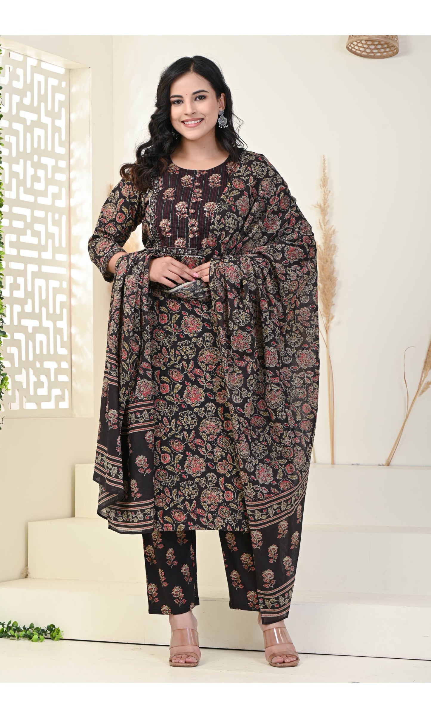 Black Cotton Printed Kurta Pant Set with