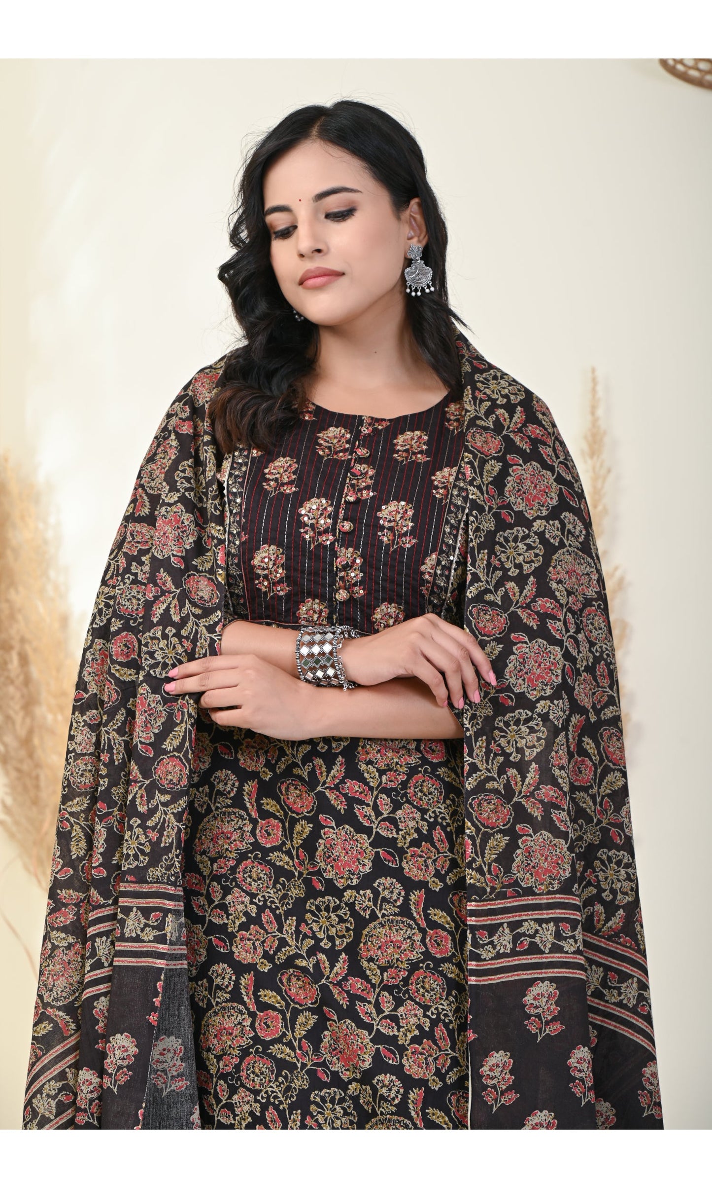 Black Cotton Printed Kurta Pant Set with Dupatta-800004l
