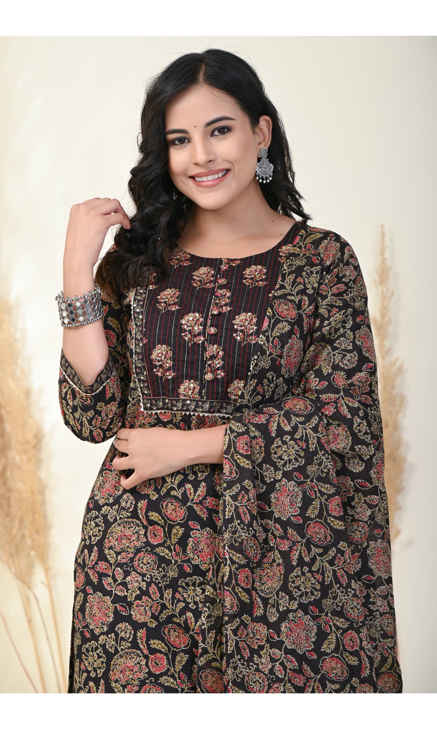 Black Cotton Printed Kurta Pant Set