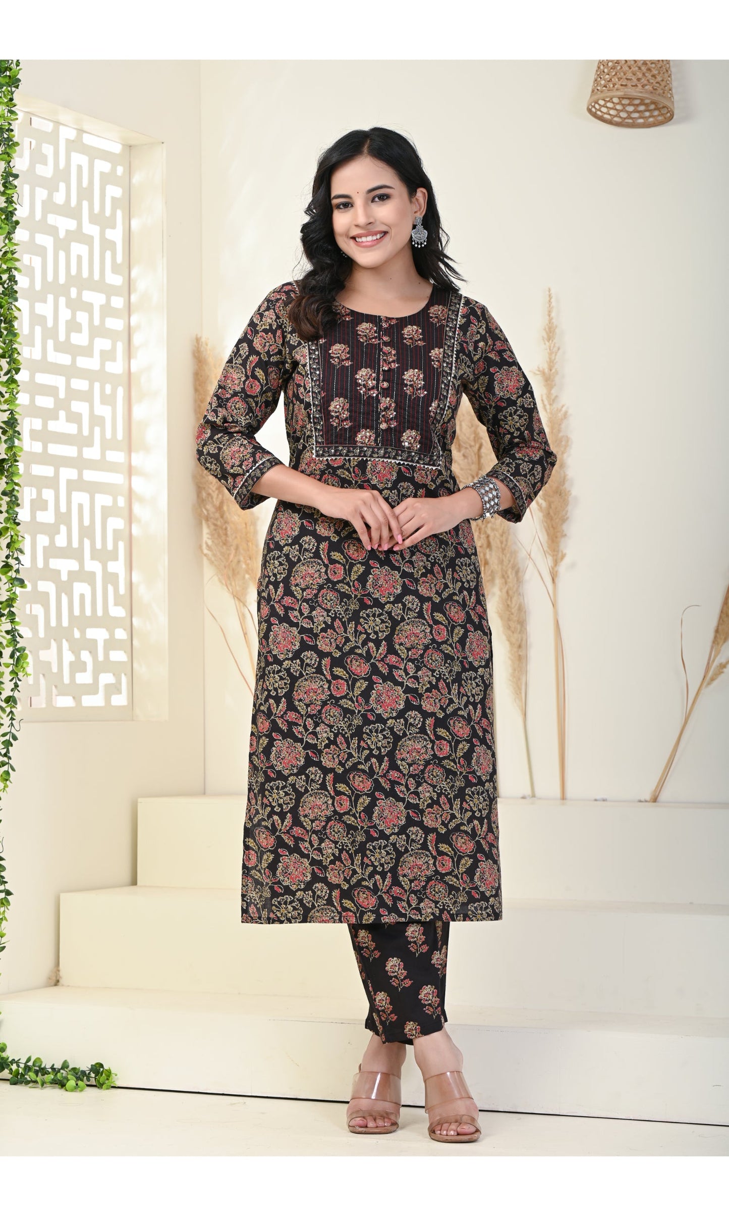 Black Cotton Printed Kurta Pant Set with Dupatta-800004