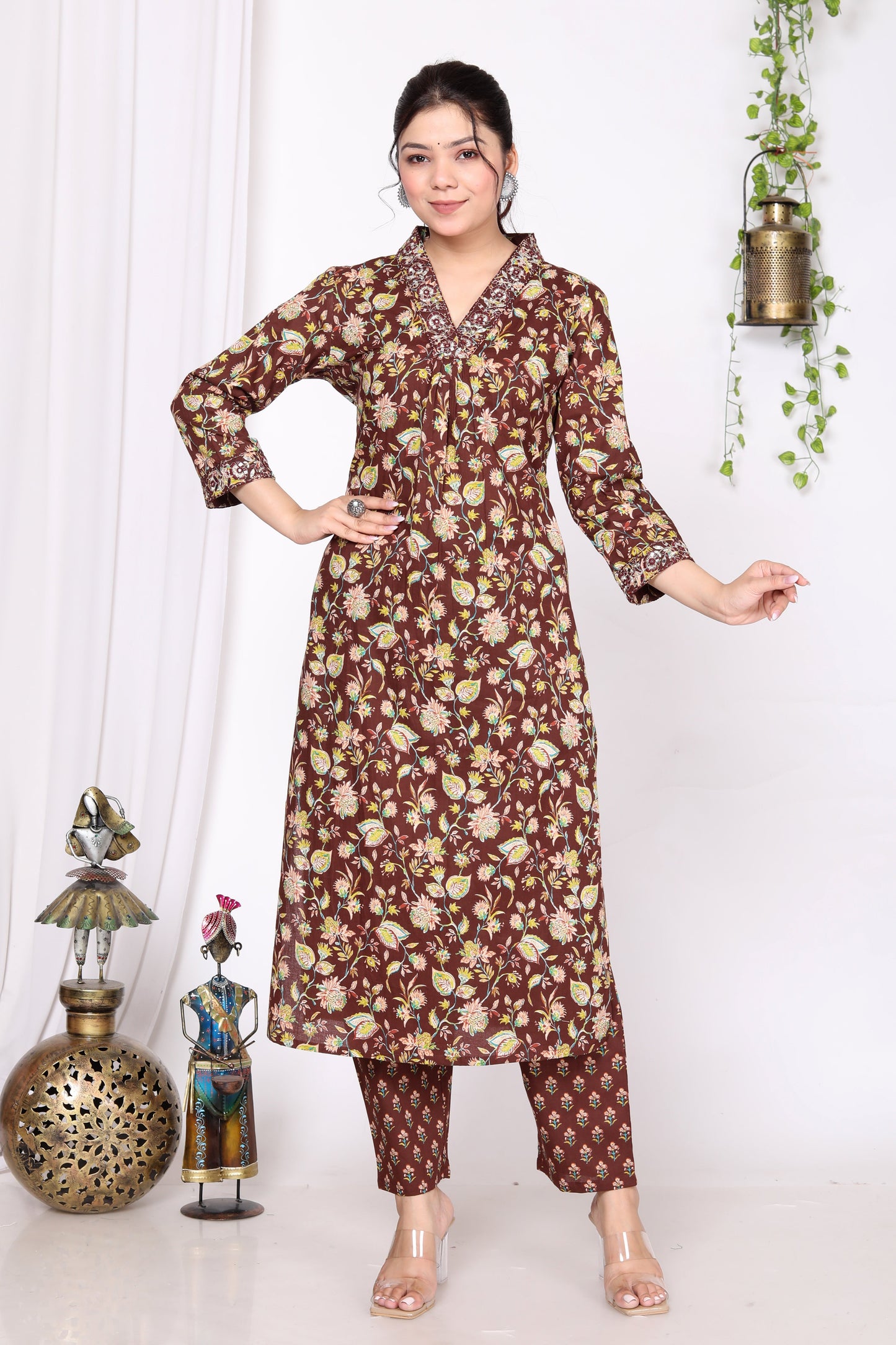 Maroon Cotton Printed Kurta Pant Set Dupatta with Embroidery work-800014