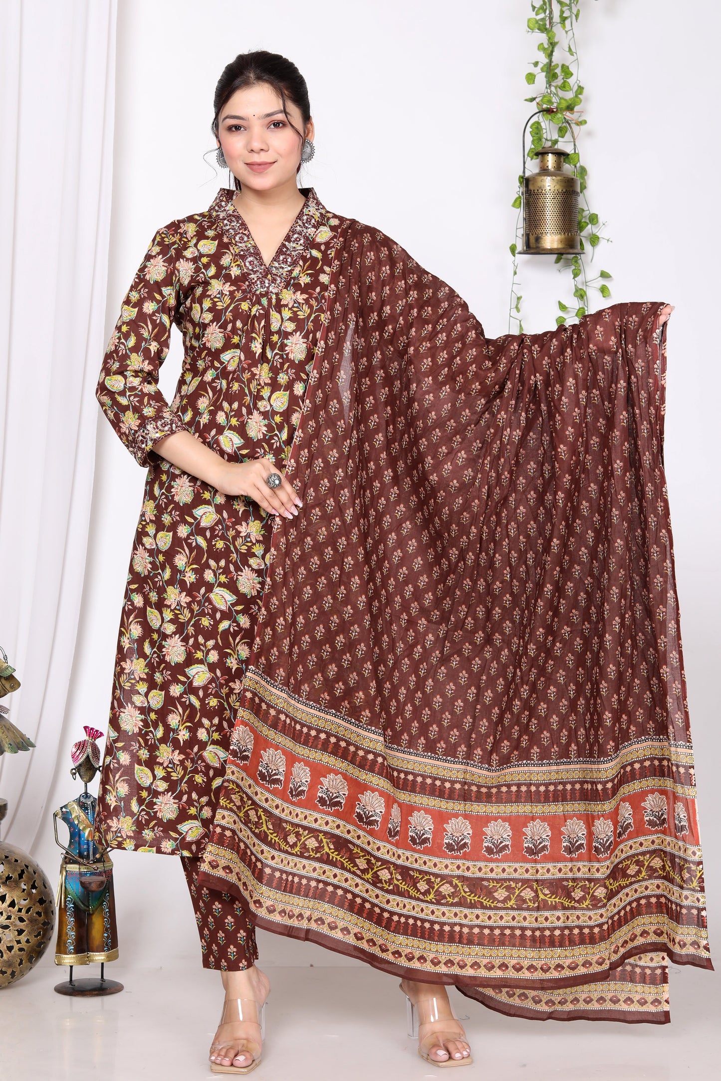 Maroon Cotton Printed Kurta Pant Set Dupatta with Embroidery work-800014