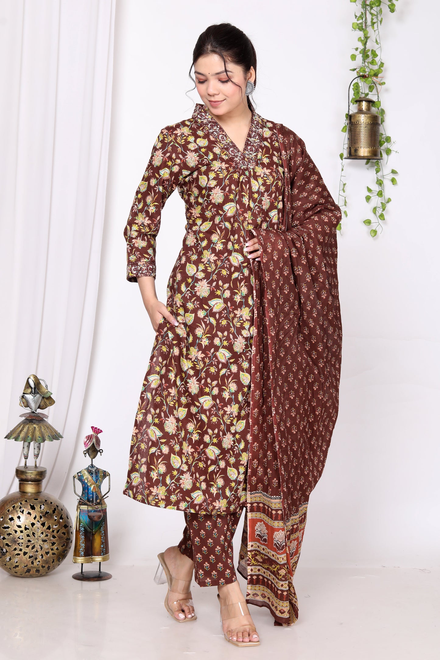 Maroon Cotton Printed Kurta Pant Set Dupatta with Embroidery work-800014