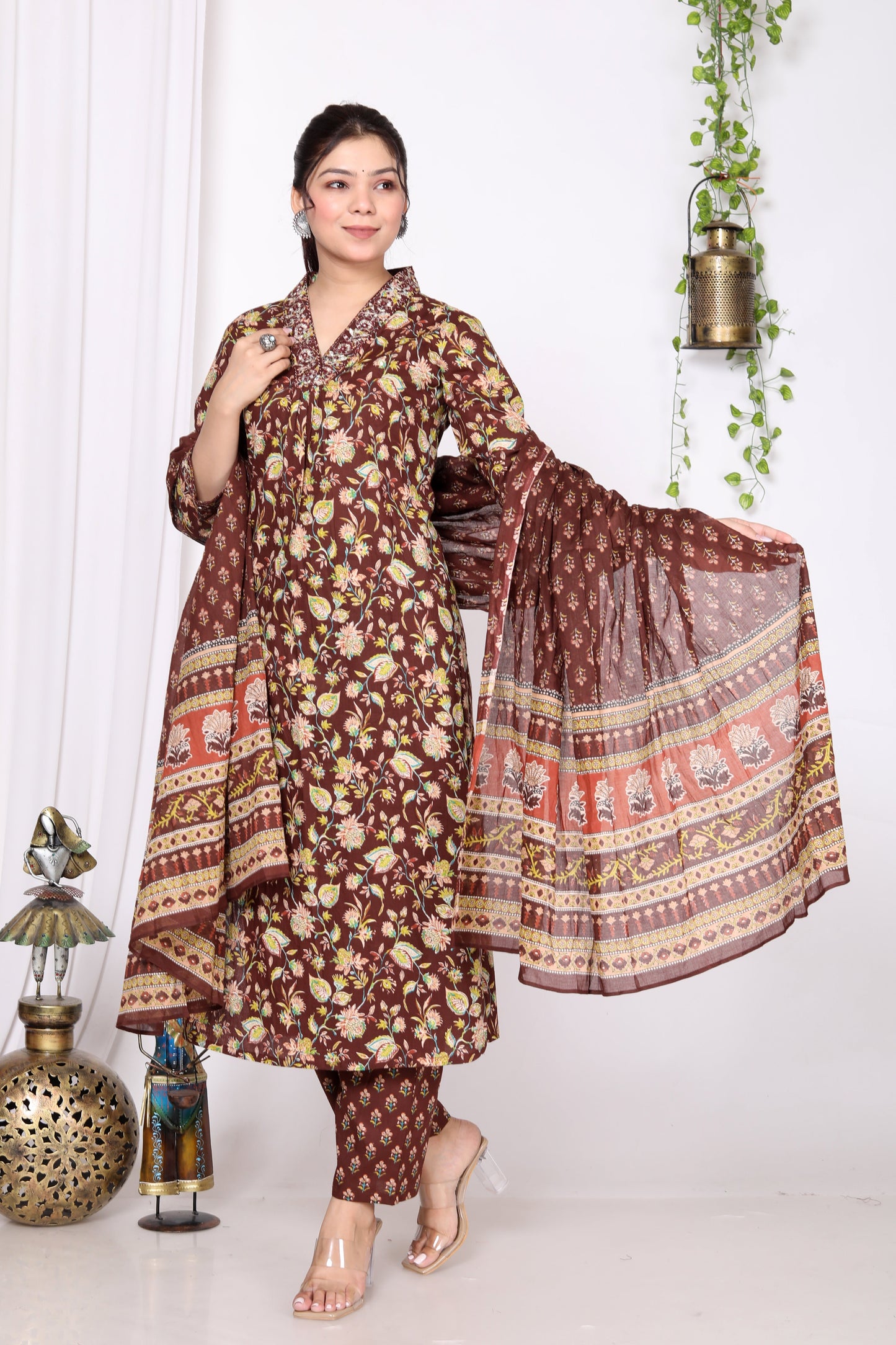 Maroon Cotton Printed Kurta Pant Set Dupatta with Embroidery work-800014