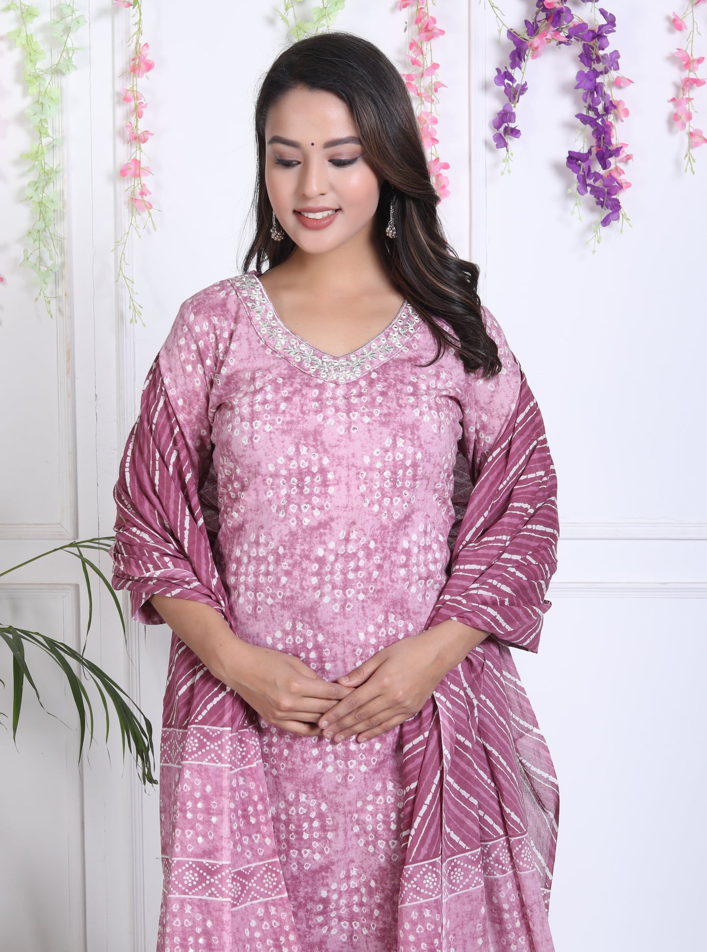 Purple Cotton Printed Kurta Pant Set Dupatta with Embroidery work-800037