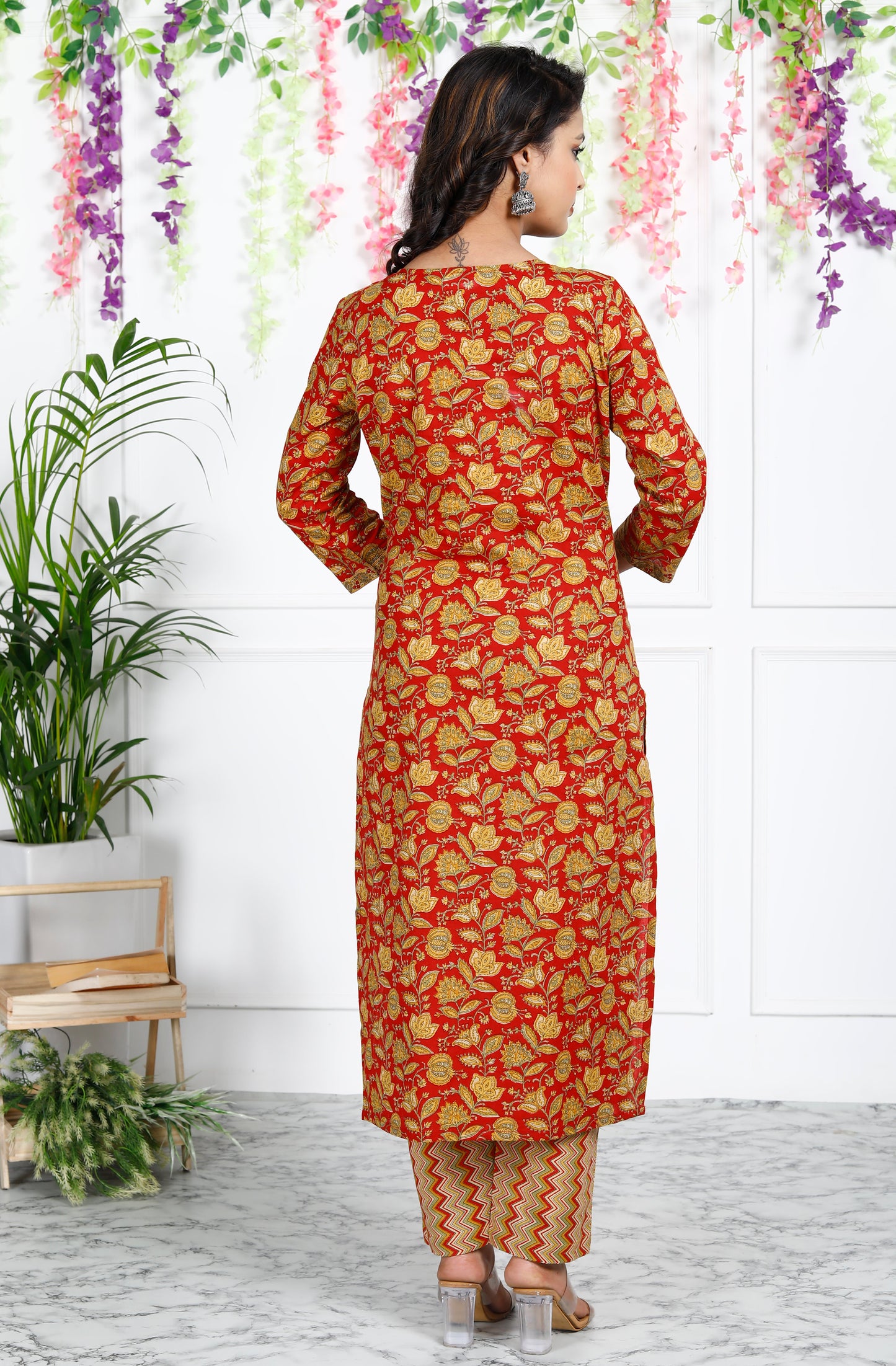 Red Cotton Printed Kurta Pant Set Dupatta with Embroidery work-800040