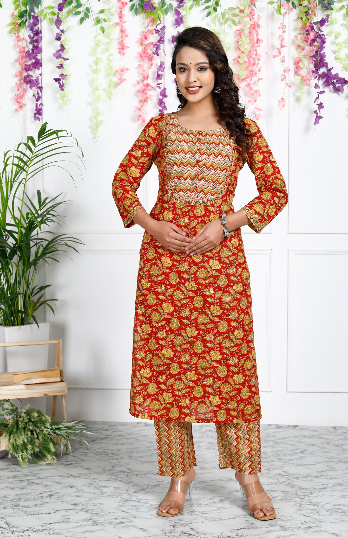 Red Cotton Printed Kurta Pant Set Dupatta with Embroidery work-800040