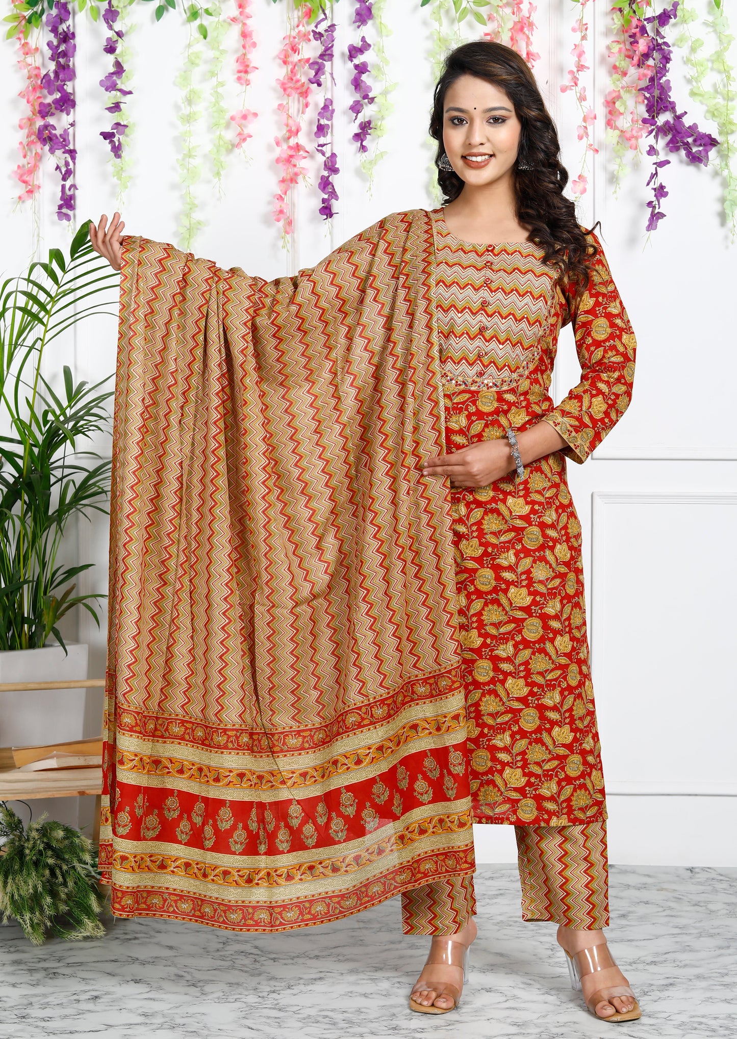 Red Cotton Printed Kurta Pant Set Dupatta with Embroidery work-800040