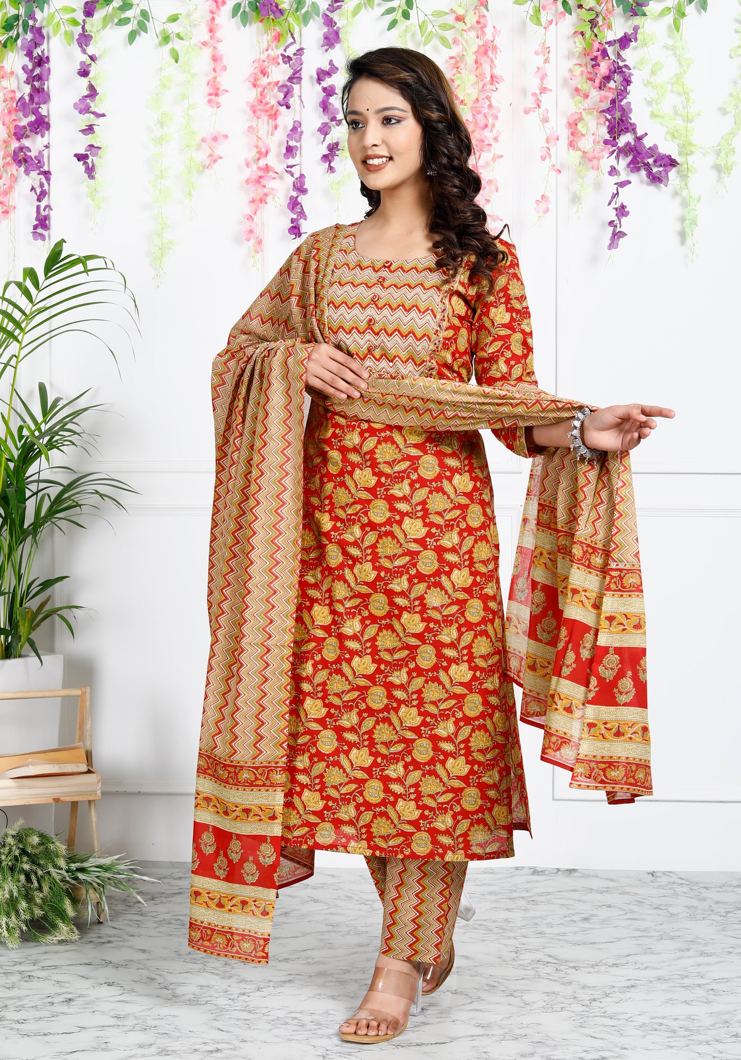 Red Cotton Printed Kurta Pant Set Dupatta with Embroidery work-800040