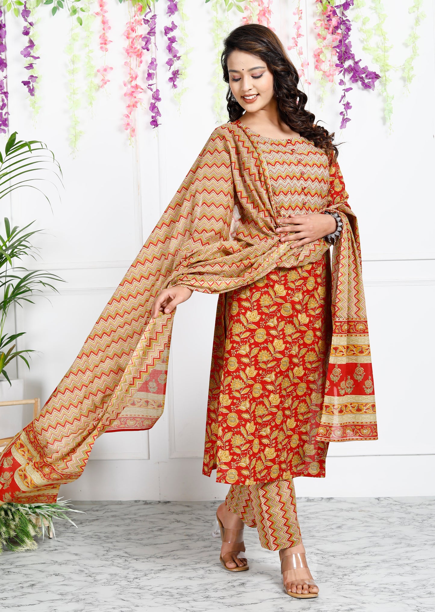 Red Cotton Printed Kurta Pant Set Dupatta with Embroidery work-800040