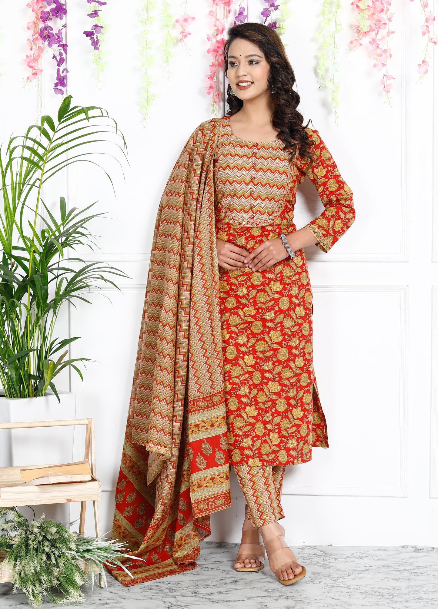 Red Cotton Printed Kurta Pant Set Dupatta with Embroidery work-800040