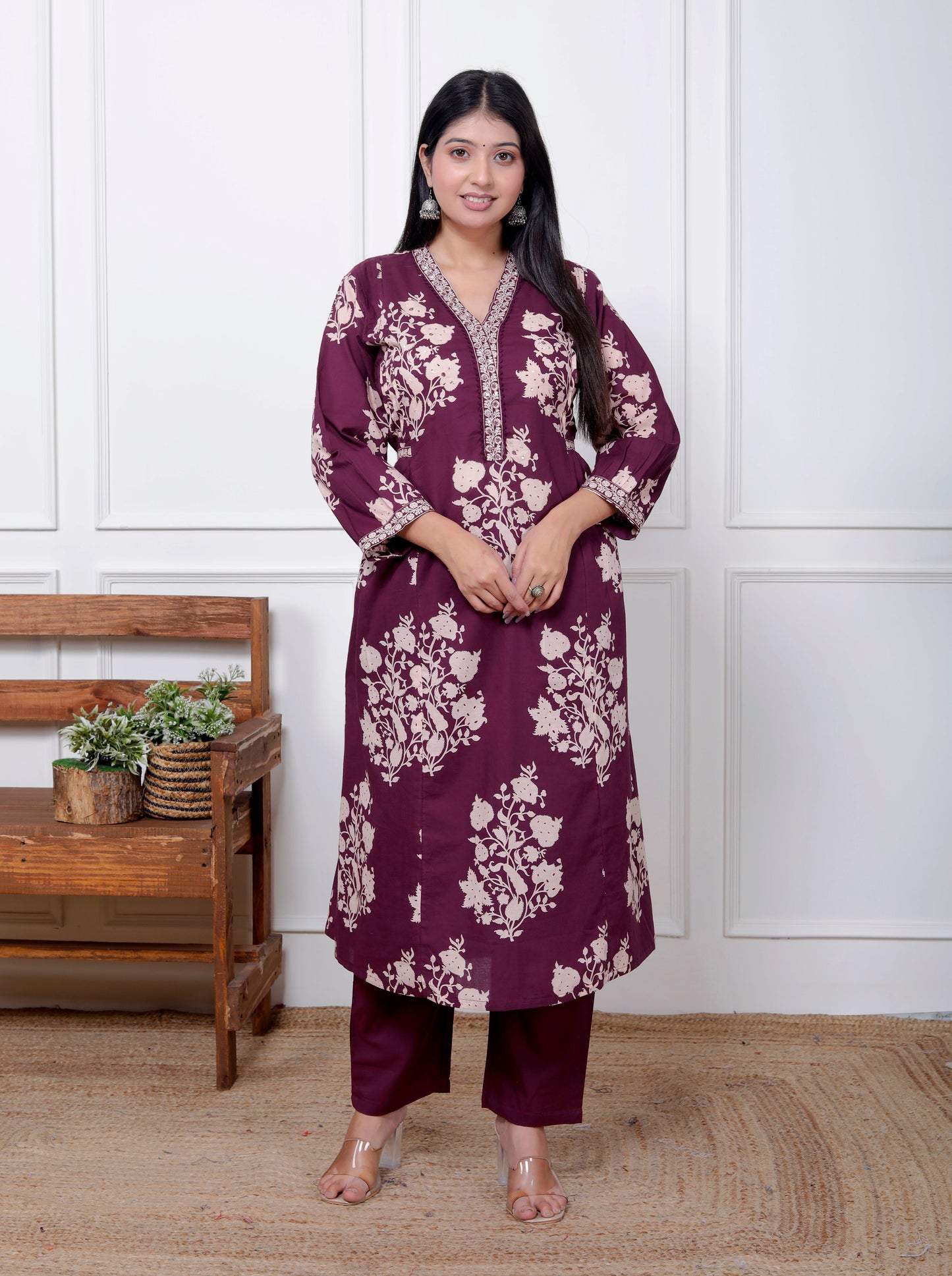Purple Cotton Printed Kurta Pant Set Dupatta with Embroidery work-800066