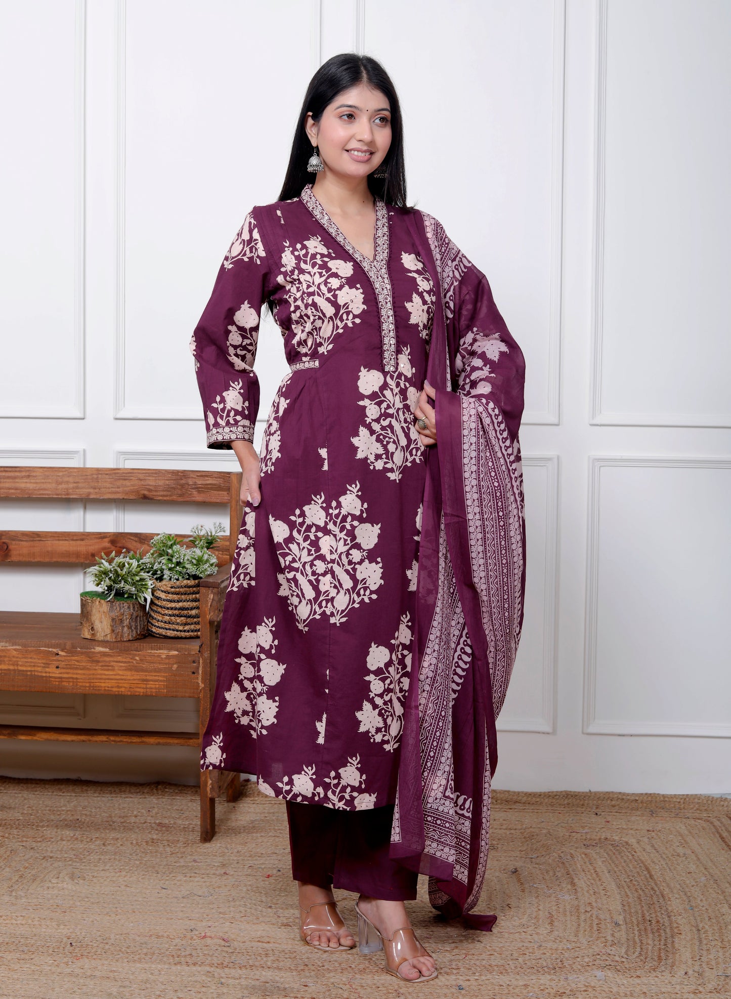 Purple Cotton Printed Kurta Pant Set Dupatta with Embroidery work-800066
