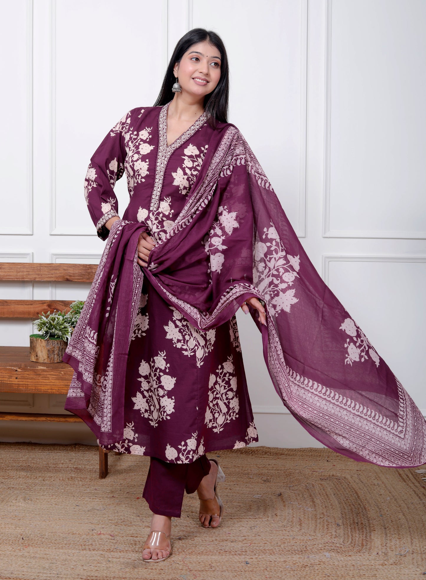 Purple Cotton Printed Kurta Pant Set Dupatta with Embroidery work-800066