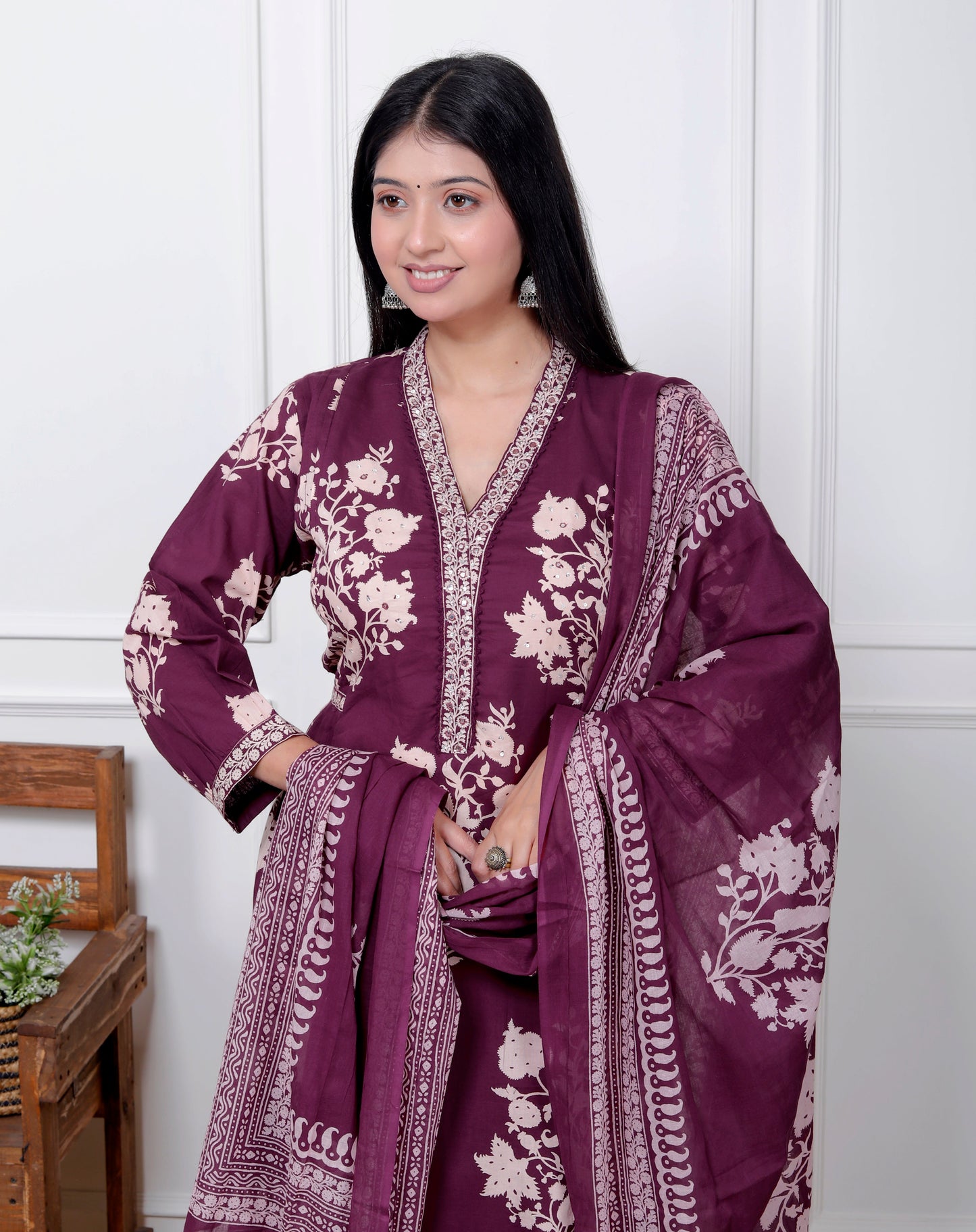 Purple Cotton Printed Kurta Pant Set Dupatta with Embroidery work-800066