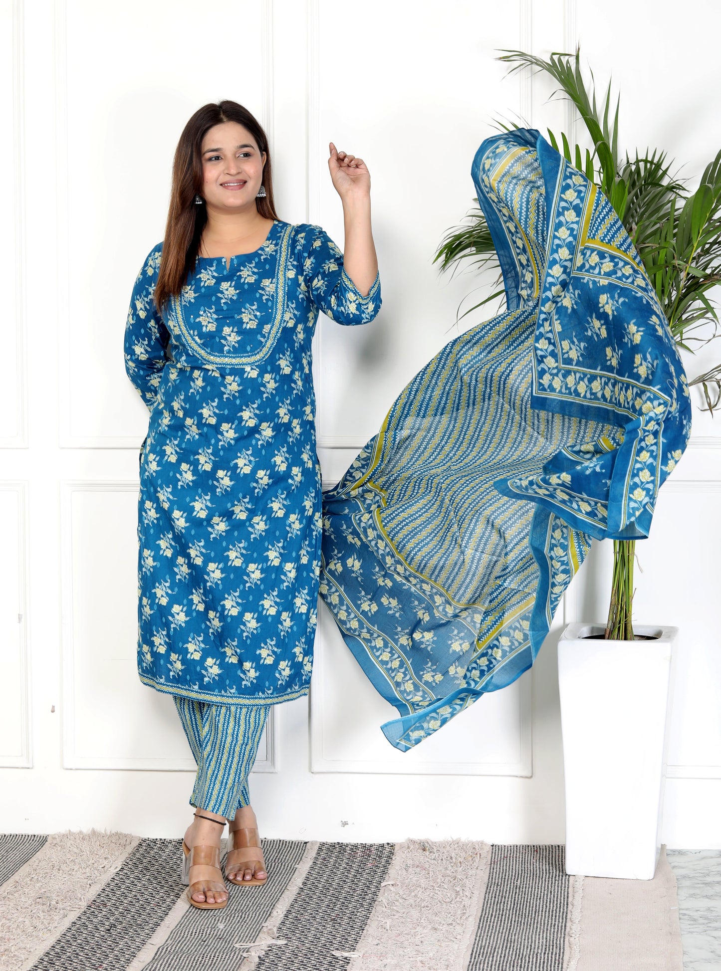 Blue Cotton Printed Kurta Pant Set with Dupatta-800070