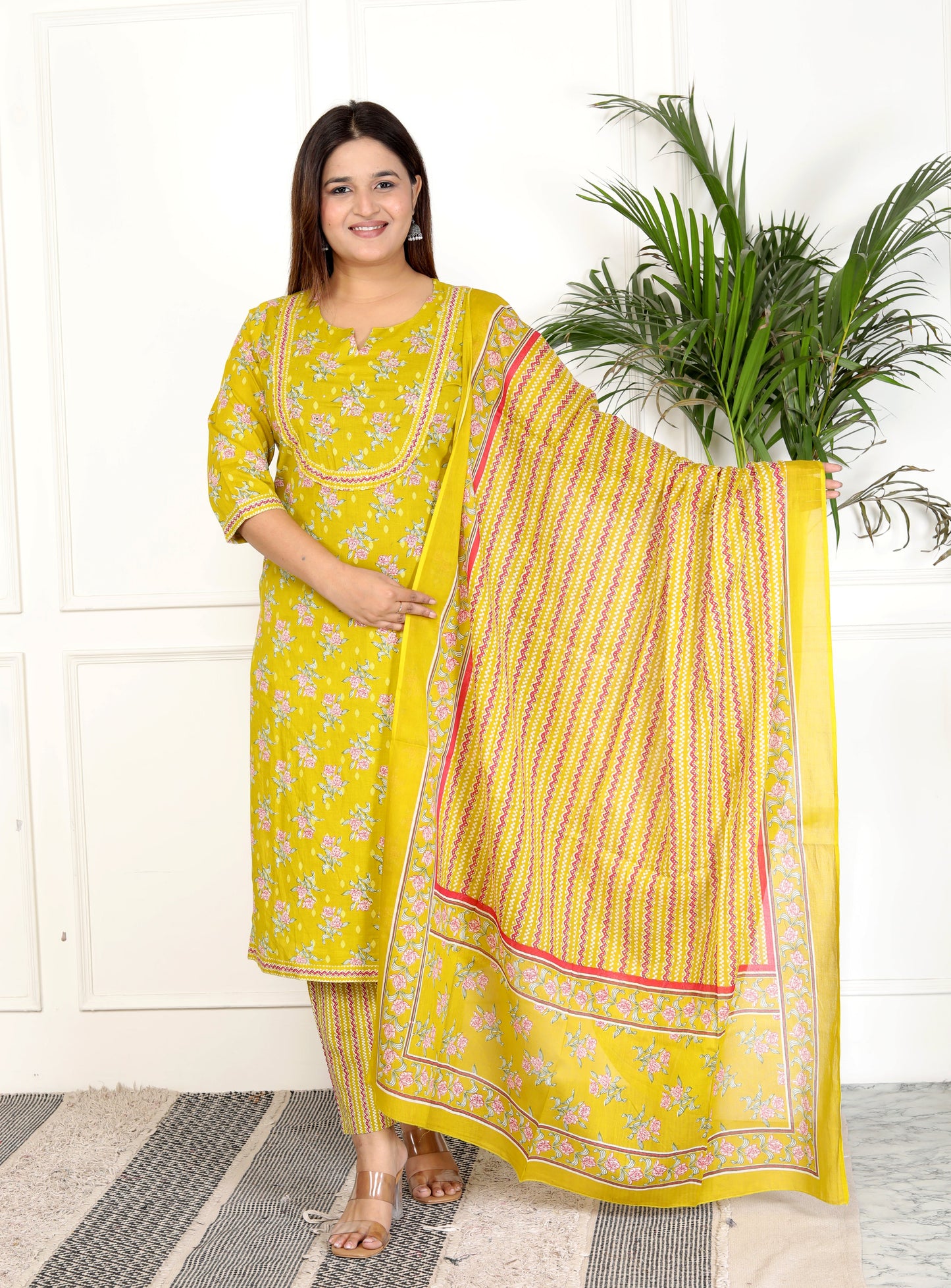 Yellow Cotton Printed Kurta Pant Set with Dupatta-800070