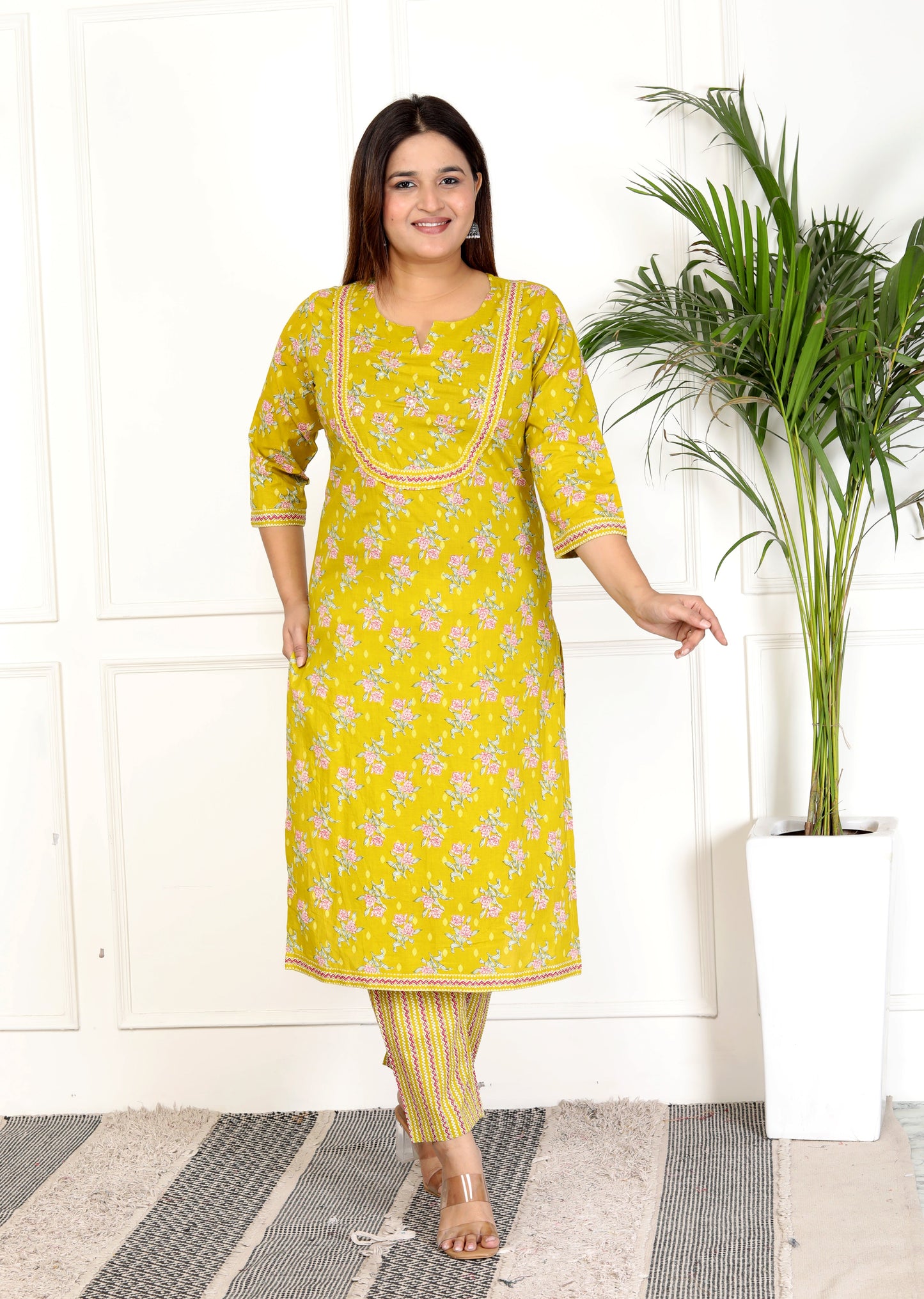 Yellow Cotton Printed Kurta Pant Set with Dupatta-800070