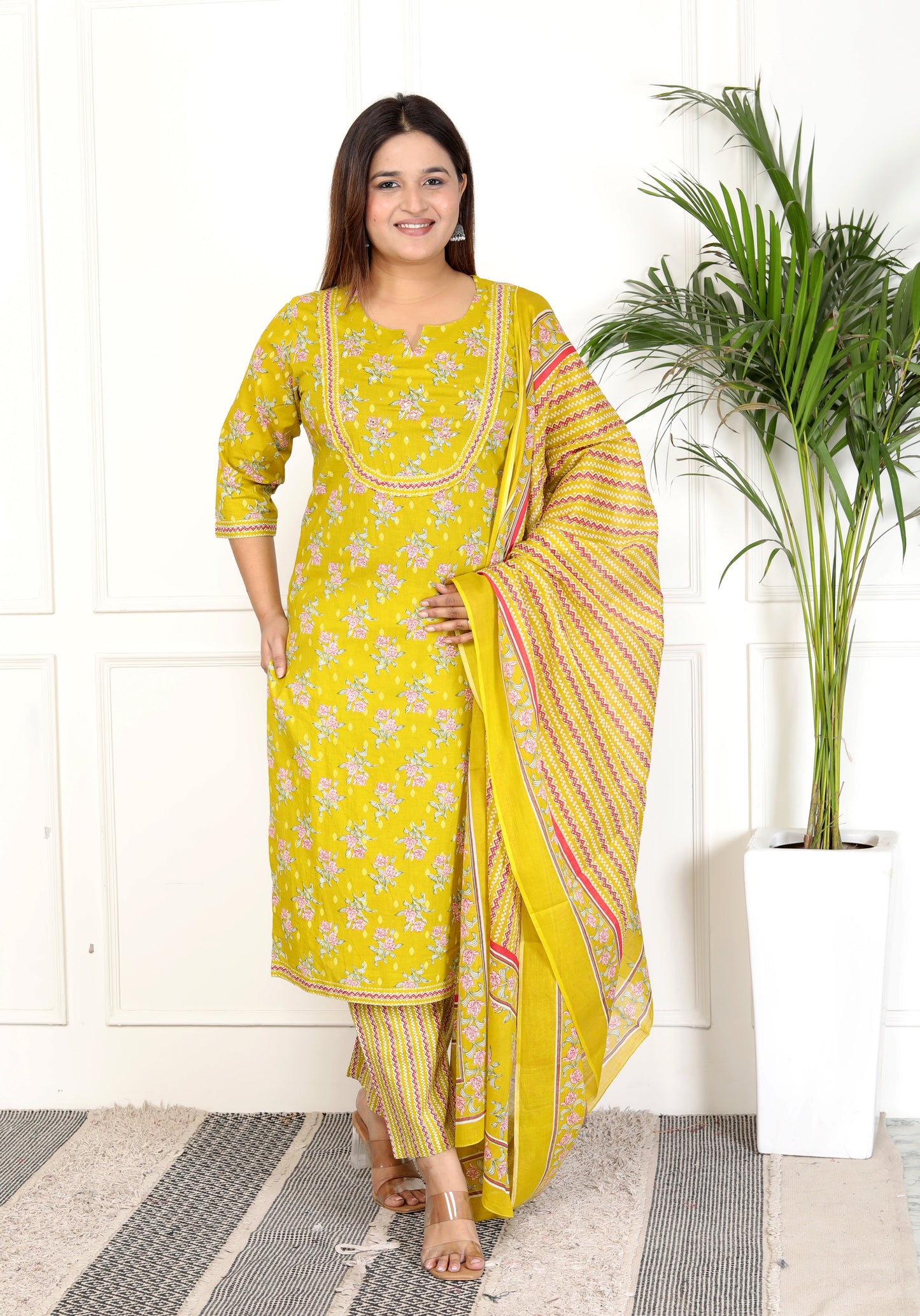 Yellow Cotton Printed Kurta Pant Set with Dupatta-800070
