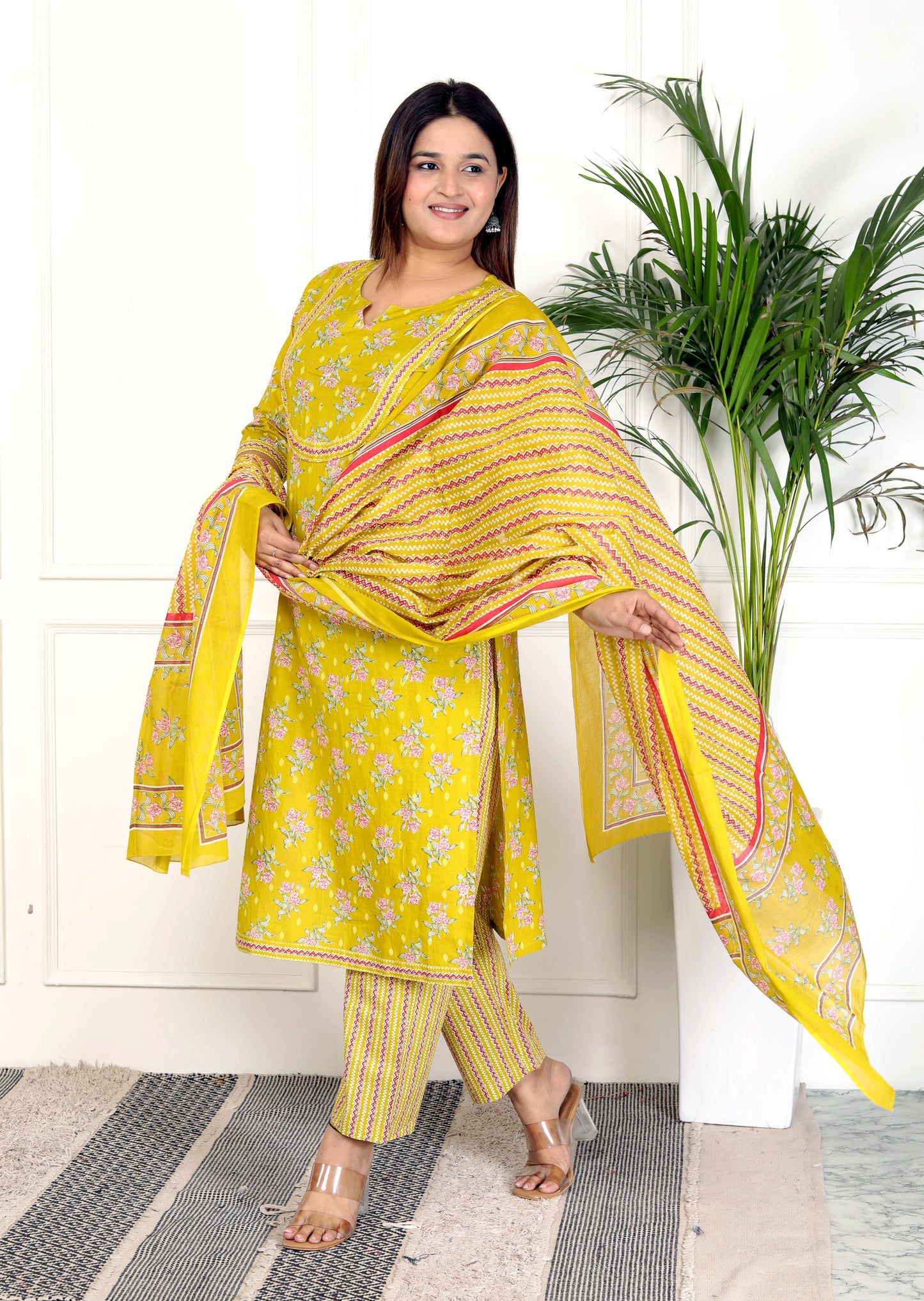 Yellow Cotton Printed Kurta Pant Set with Dupatta-800070