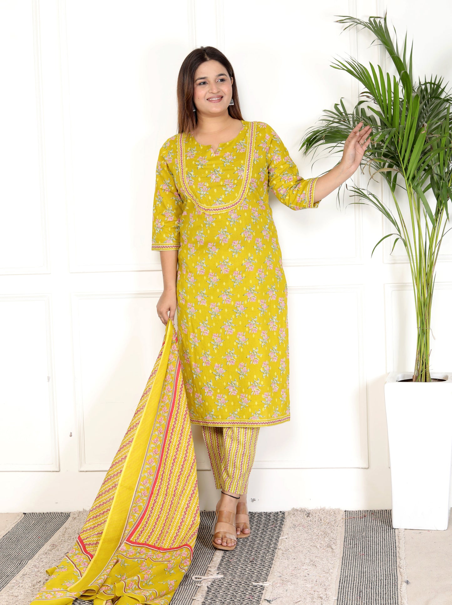 Yellow Cotton Printed Kurta Pant Set with Dupatta-800070