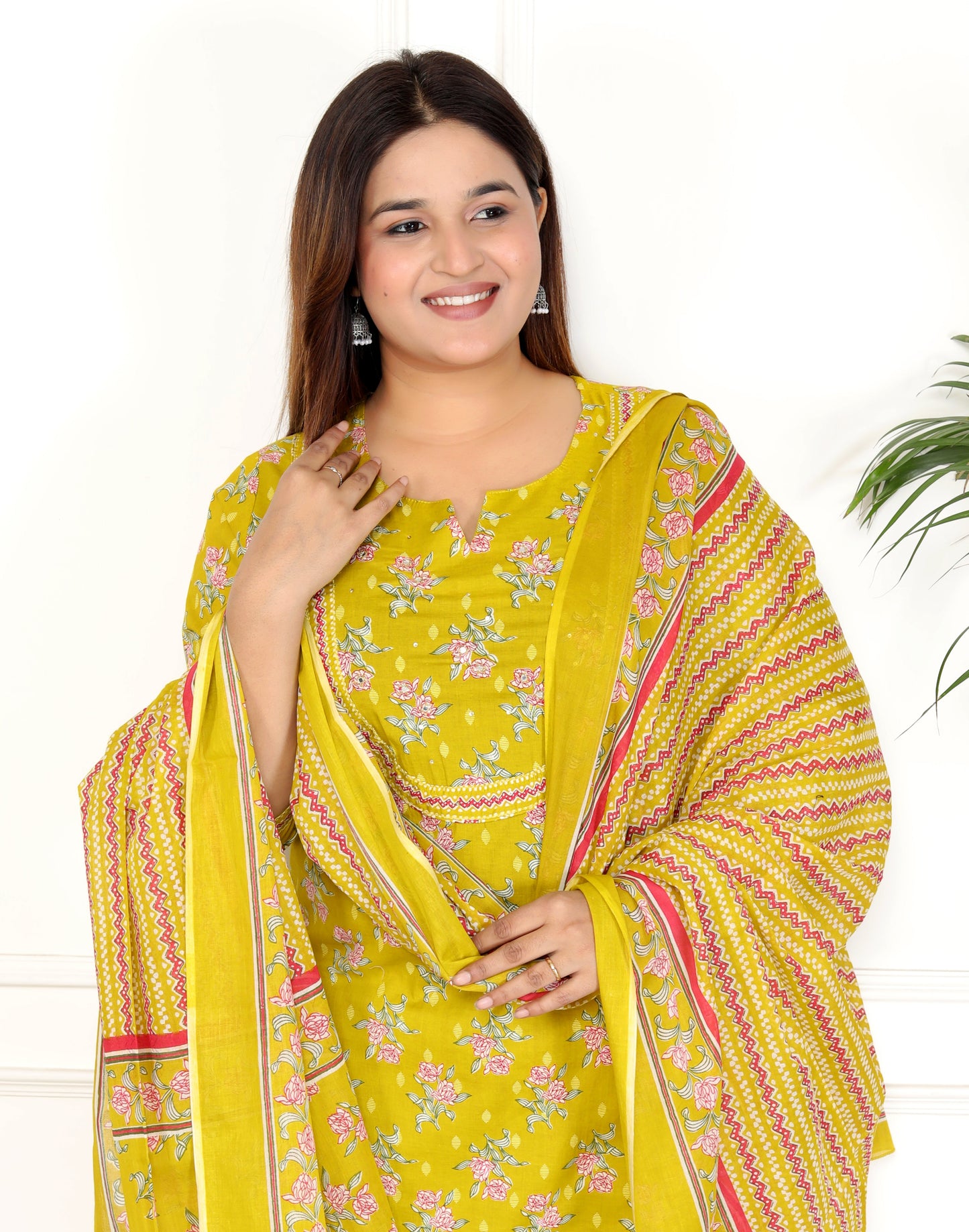 Yellow Cotton Printed Kurta Pant Set with Dupatta-800070