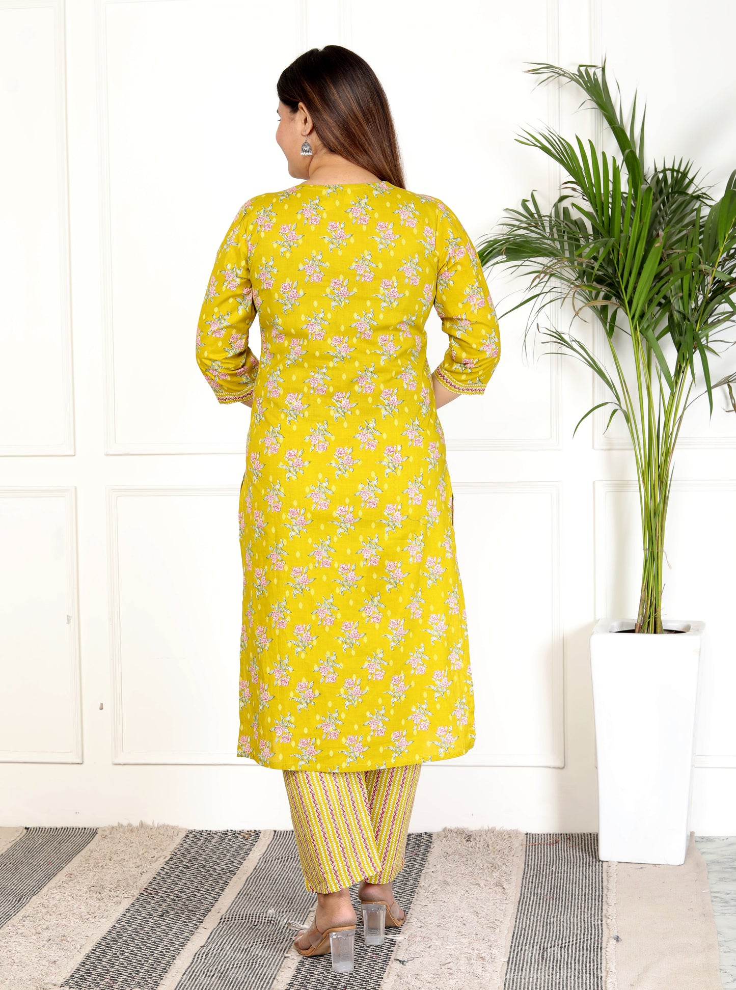 Yellow Cotton Printed Kurta Pant Set with Dupatta-800070